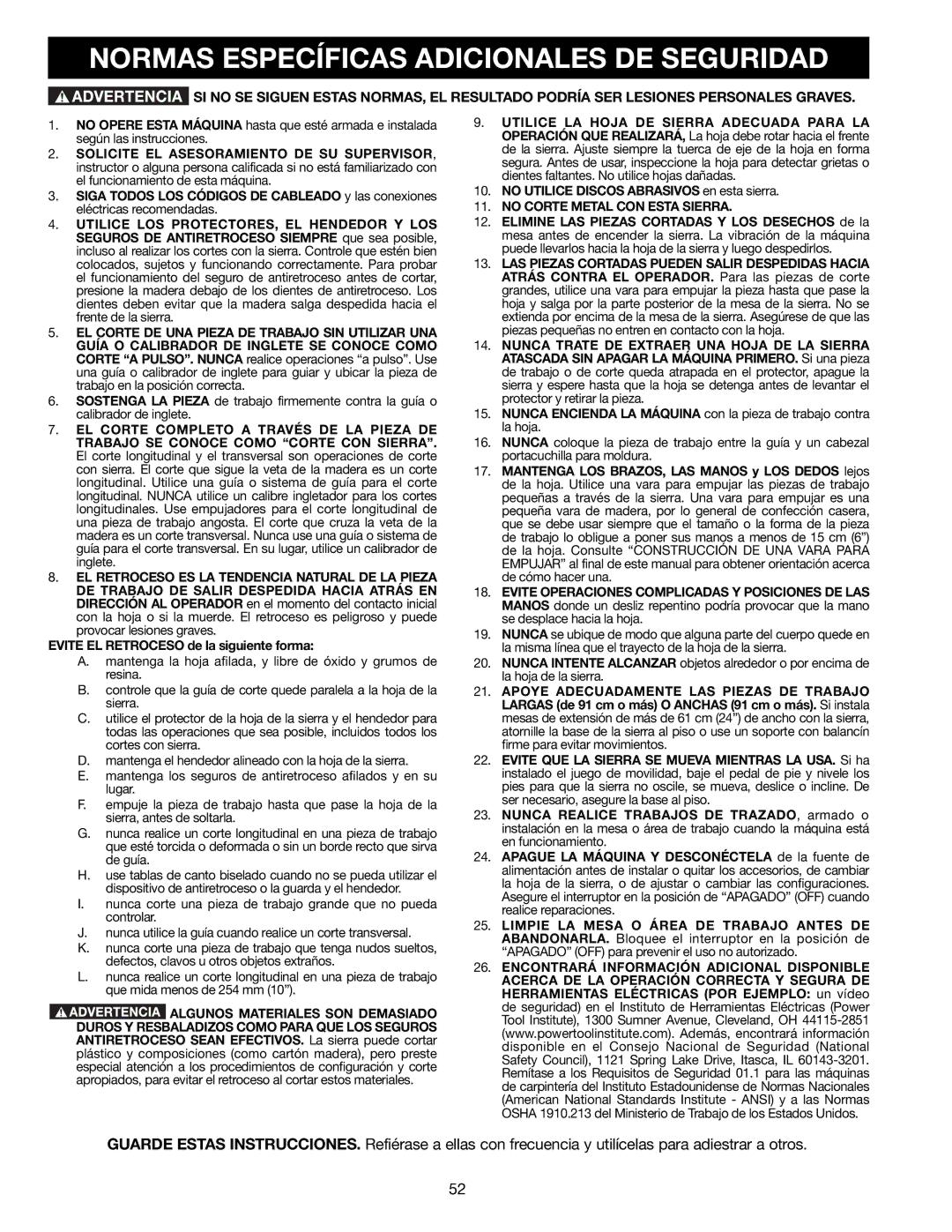 Delta 36-714B instruction manual Normas Específicas Adicionales DE Seguridad, No Corte Metal CON Esta Sierra 