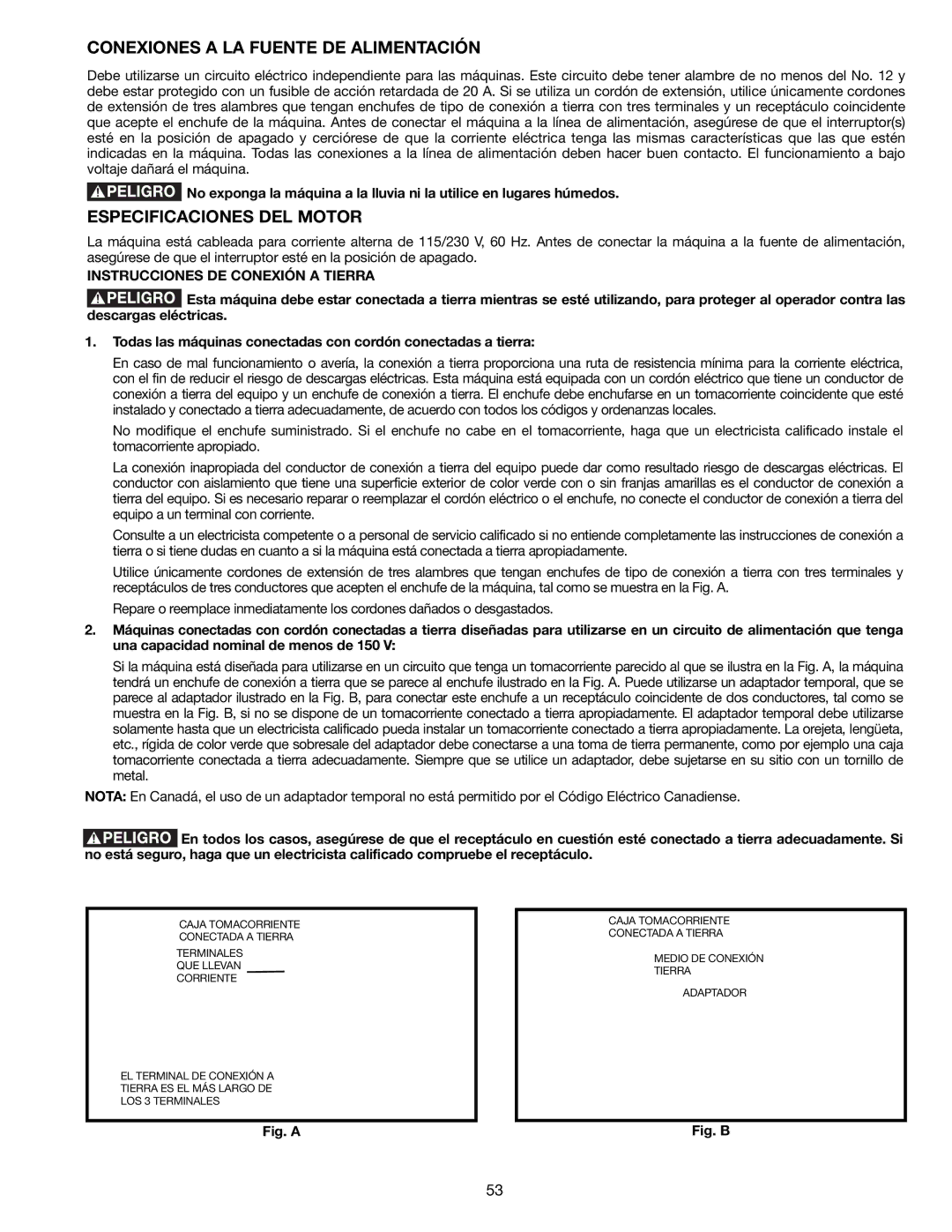 Delta 36-714B Conexiones a LA Fuente DE Alimentación, Especificaciones DEL Motor, Instrucciones DE Conexión a Tierra 