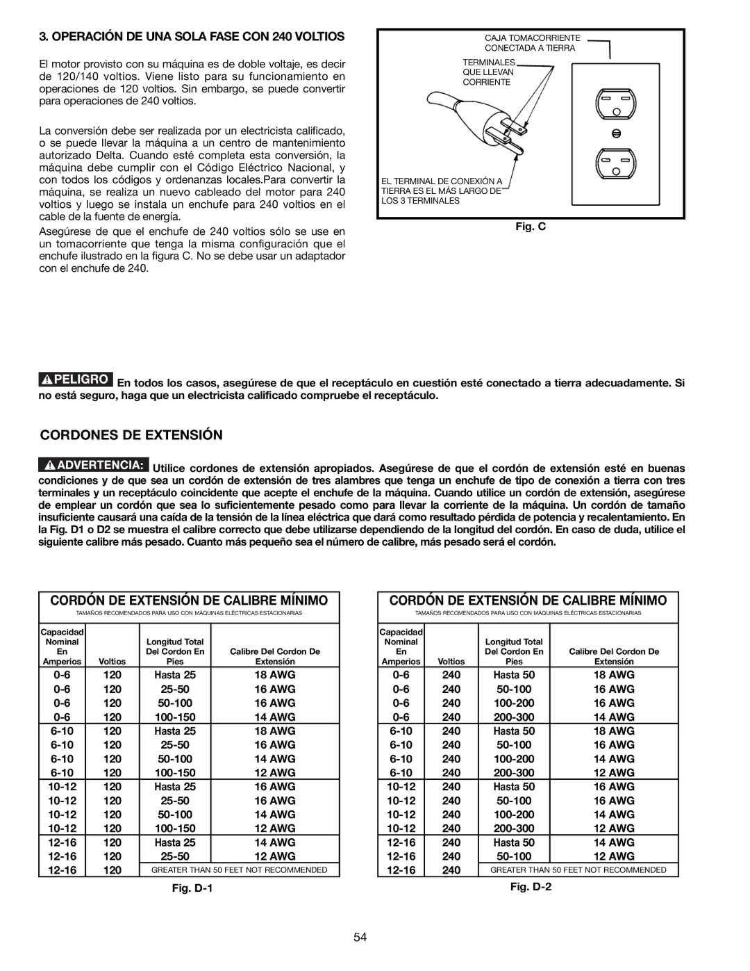 Delta 36-714B Cordones DE Extensión, Cordón DE Extensión DE Calibre Mínimo, Operación DE UNA Sola Fase CON 240 Voltios 