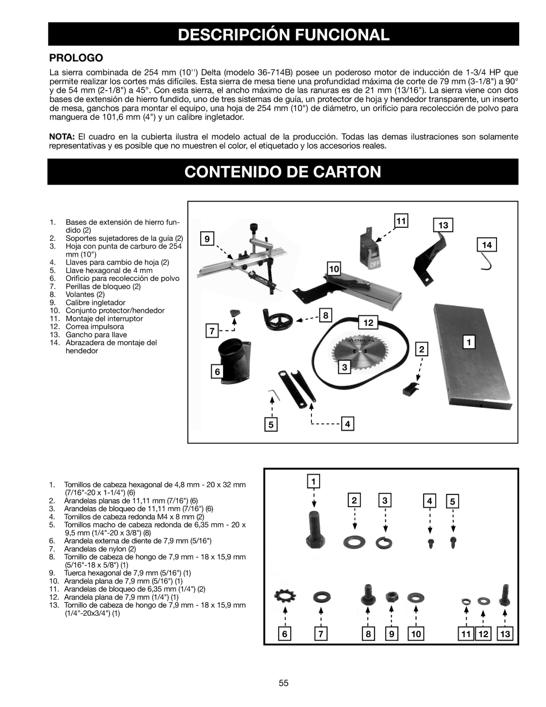 Delta 36-714B instruction manual Descripción Funcional, Contenido DE Carton, Prologo 