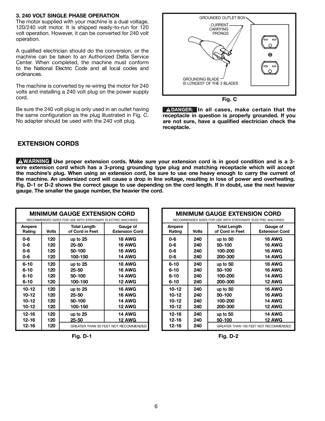 Delta 36-714B instruction manual Extension Cords, Minimum Gauge Extension Cord, Volt Single Phase Operation 