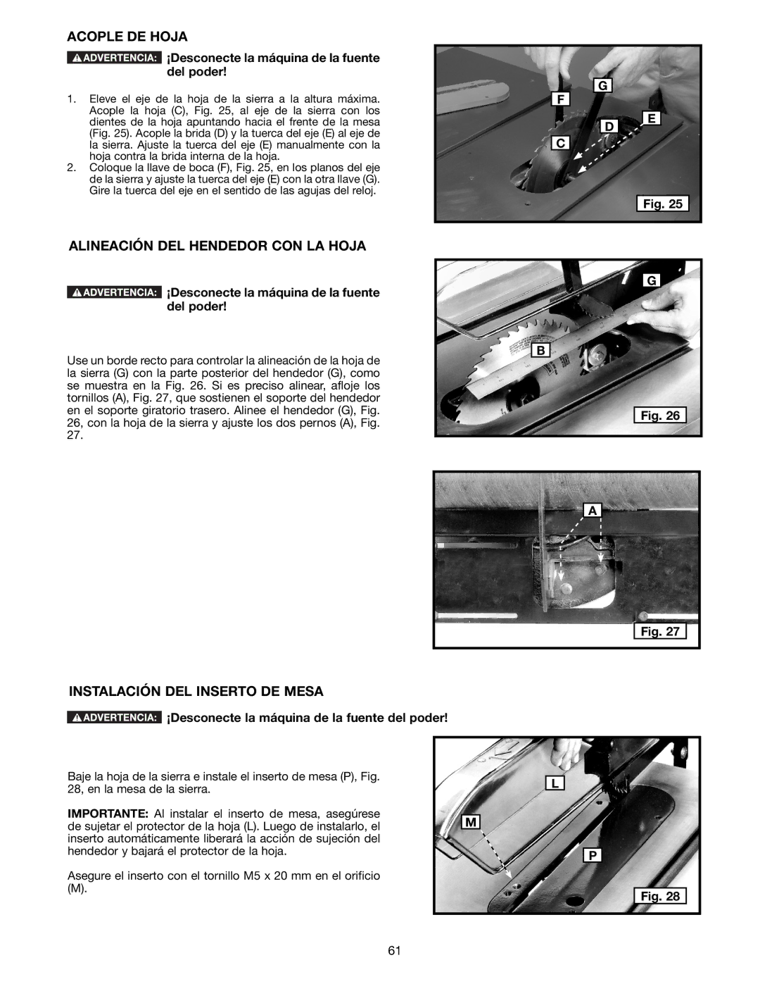 Delta 36-714B instruction manual Acople DE Hoja, Alineación DEL Hendedor CON LA Hoja, Instalación DEL Inserto DE Mesa 