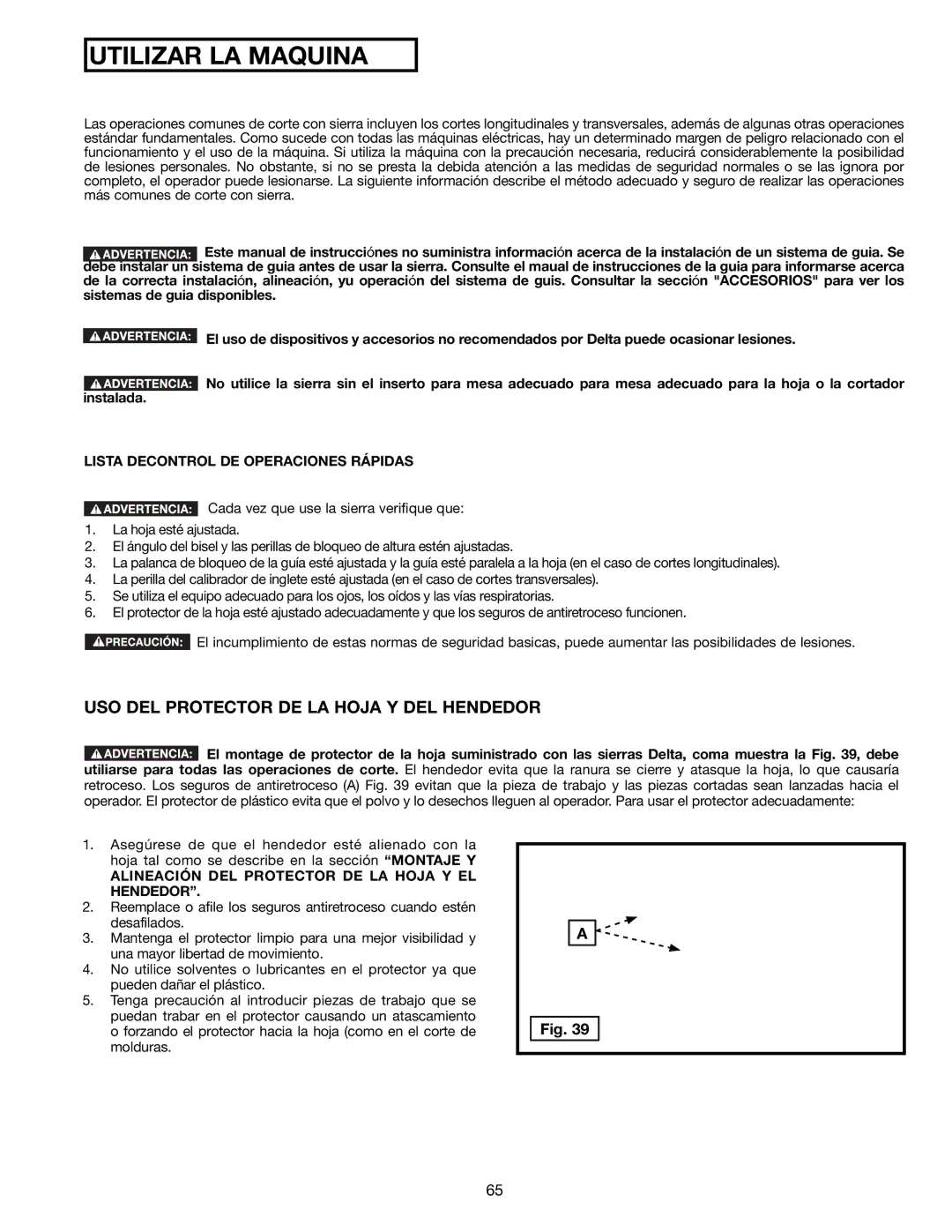 Delta 36-714B instruction manual USO DEL Protector DE LA Hoja Y DEL Hendedor, Lista Decontrol DE Operaciones Rápidas 