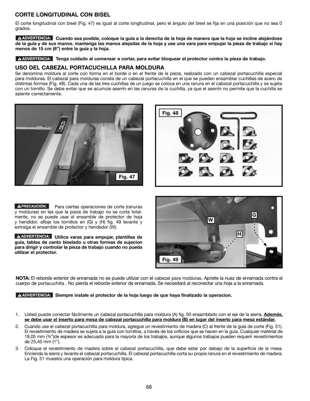 Delta 36-714B instruction manual Corte Longitudinal CON Bisel, USO DEL Cabezal Portacuchilla Para Moldura 