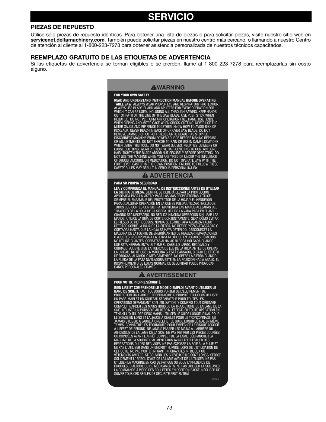 Delta 36-714B instruction manual Servicio, Piezas DE Repuesto, Reemplazo Gratuito DE LAS Etiquetas DE Advertencia 