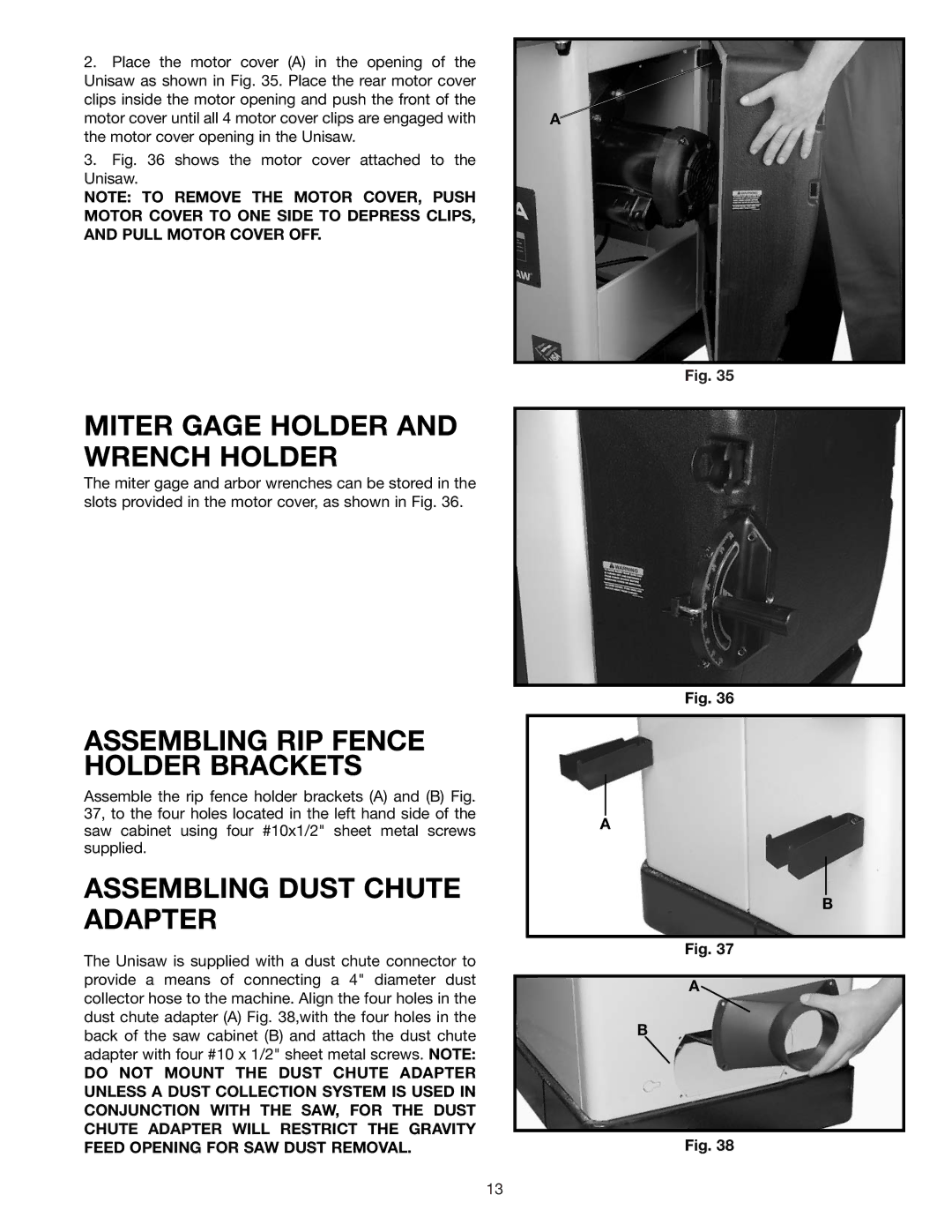 Delta 34-814 Miter Gage Holder and Wrench Holder, Assembling RIP Fence Holder Brackets, Assembling Dust Chute Adapter 