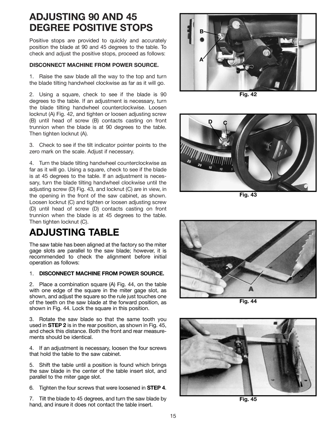 Delta 34-801, 36-812, 34-814, 34-806 instruction manual Adjusting 90 and 45 Degree Positive Stops, Adjusting Table 