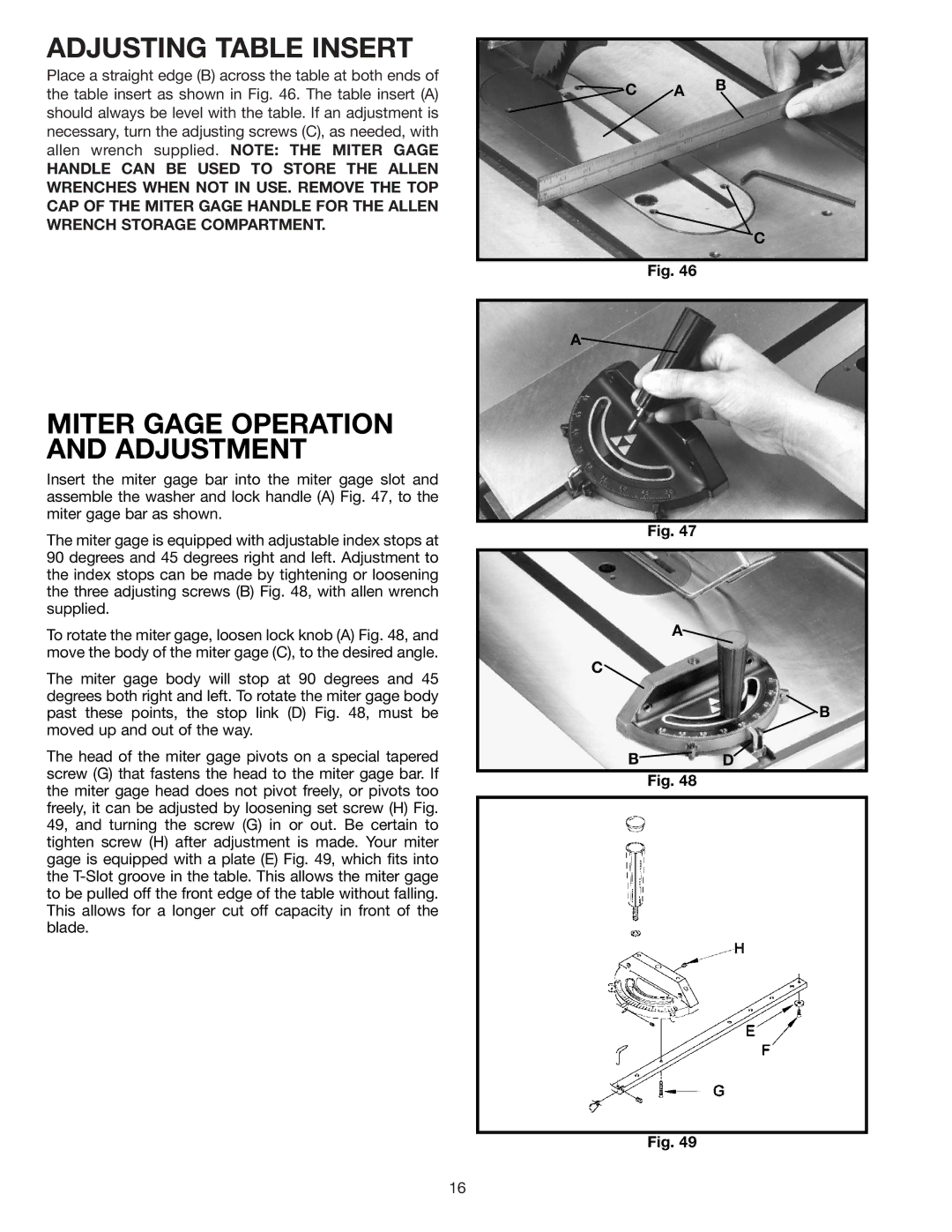 Delta 36-812, 34-814, 34-806, 34-801 instruction manual Adjusting Table Insert, Miter Gage Operation and Adjustment 