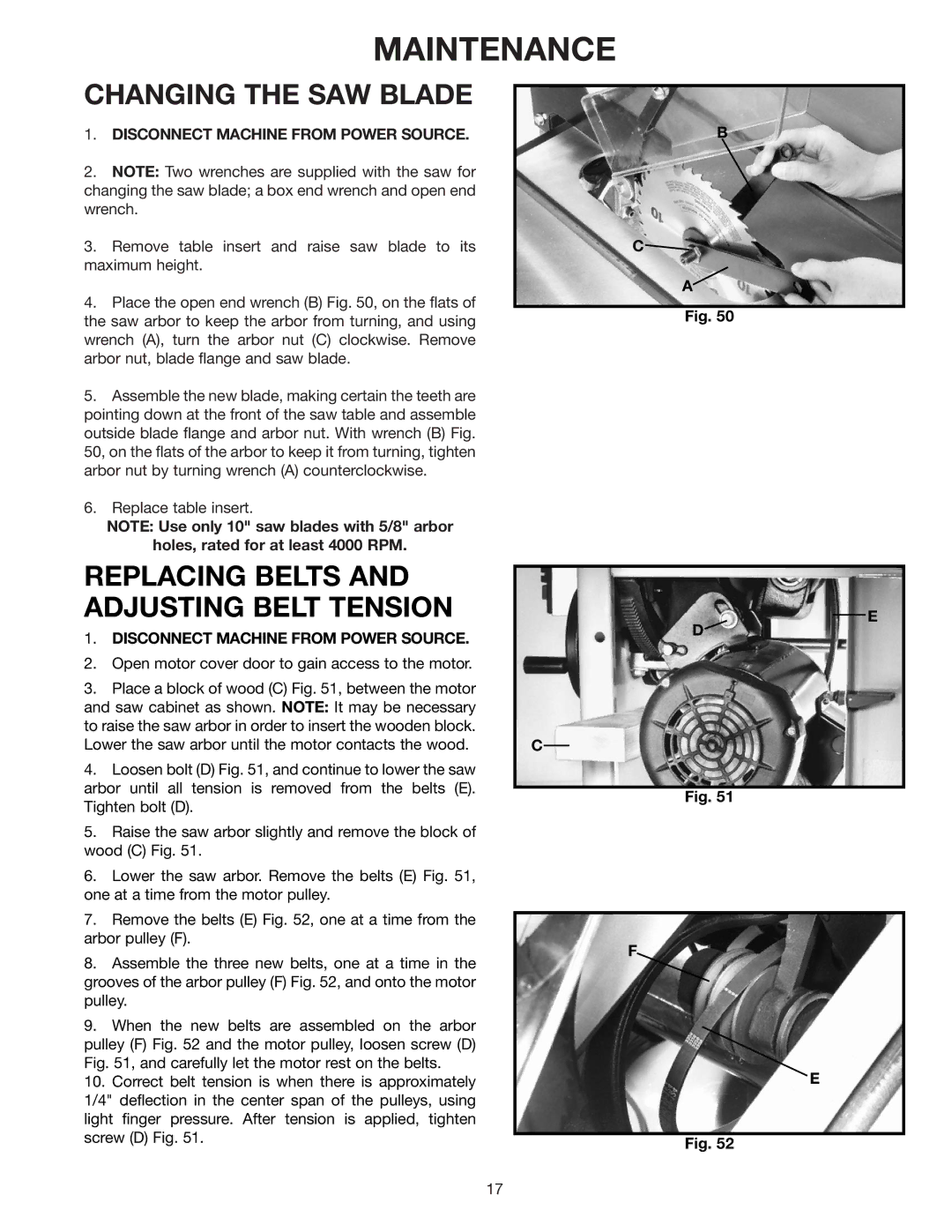 Delta 34-814, 36-812, 34-806, 34-801 Maintenance, Changing the SAW Blade, Replacing Belts and Adjusting Belt Tension 