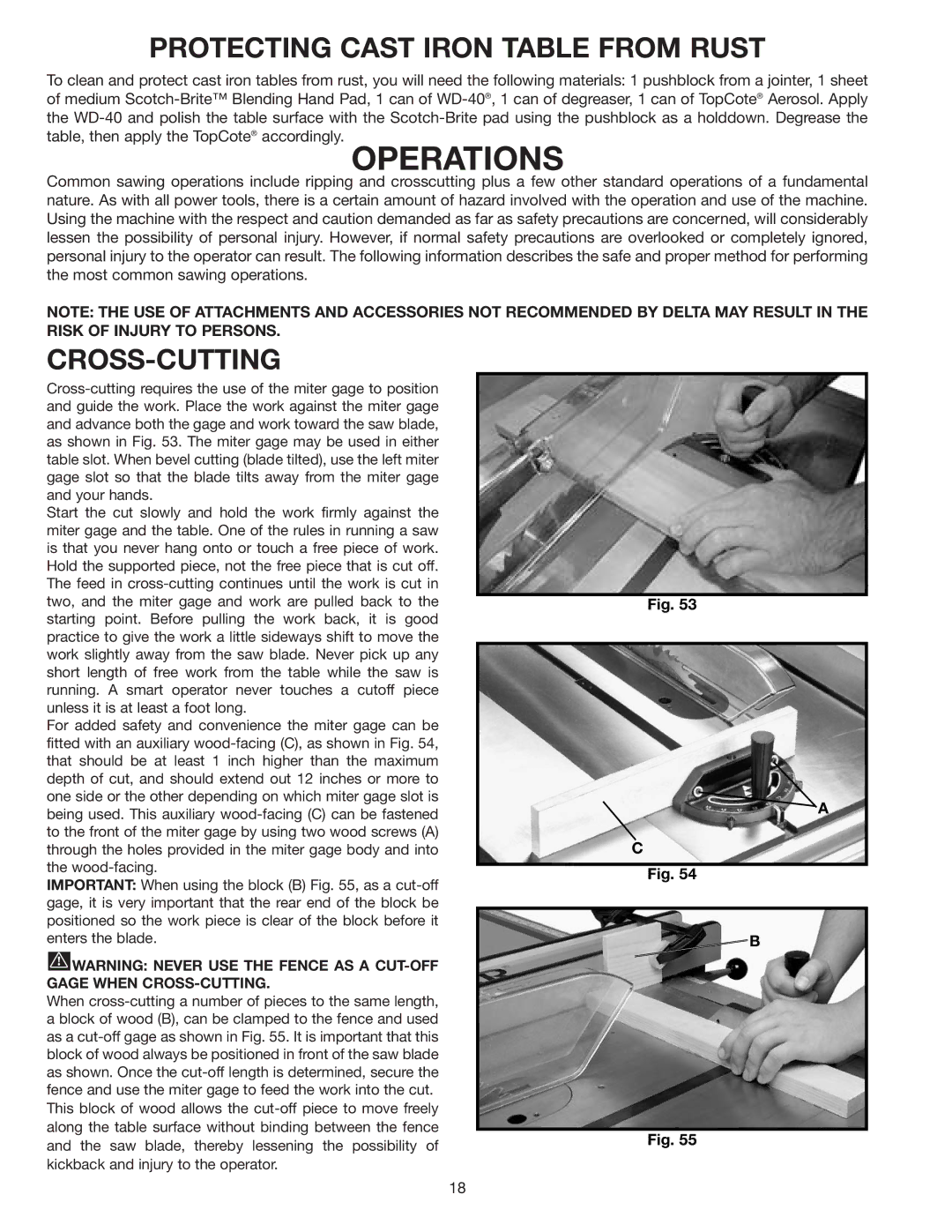 Delta 34-806, 36-812, 34-814, 34-801 instruction manual Operations, Protecting Cast Iron Table from Rust, Cross-Cutting 