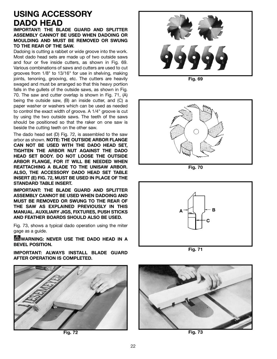 Delta 34-806, 36-812, 34-814, 34-801 instruction manual Using Accessory Dado Head 