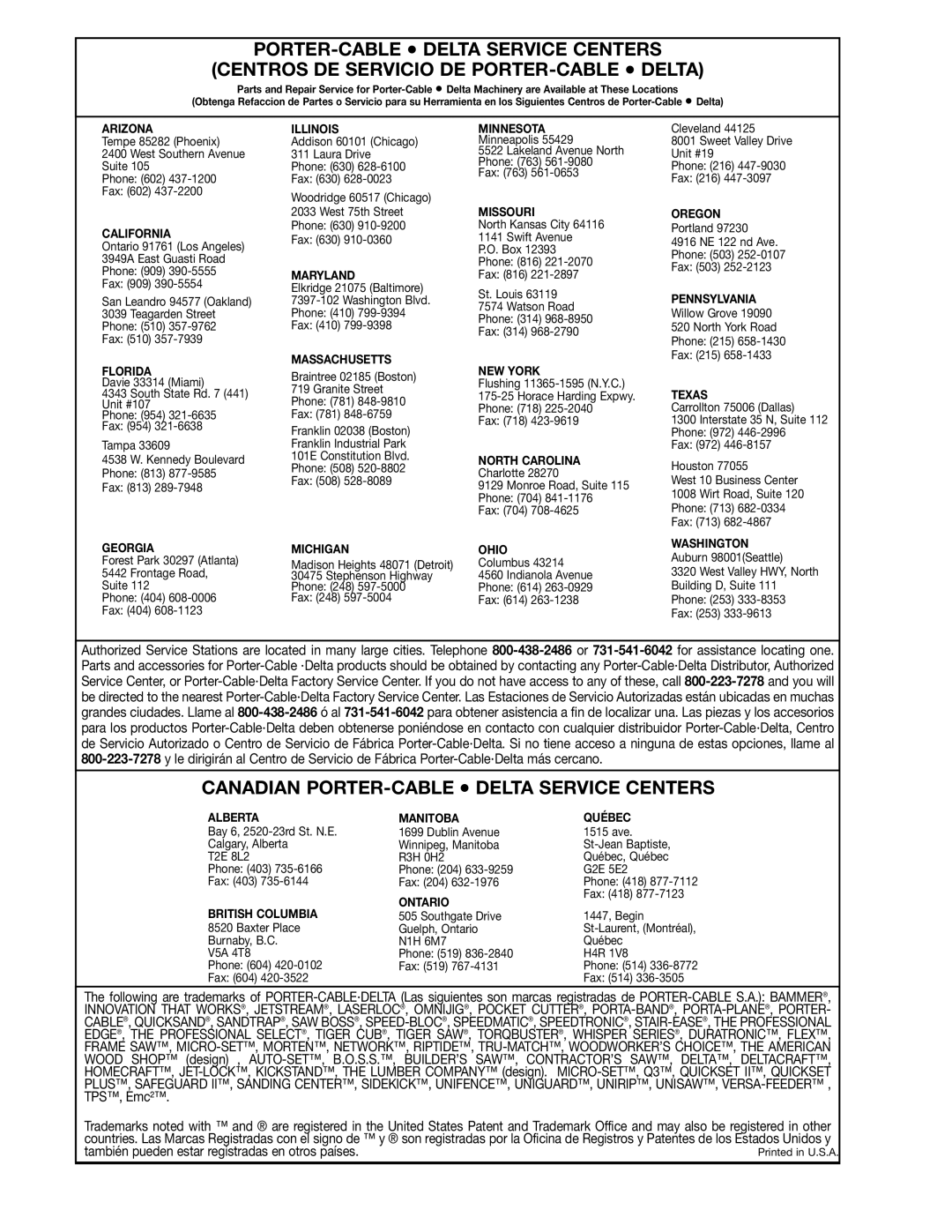 Delta 36-812, 34-814, 34-806, 34-801 instruction manual Canadian PORTER-CABLE Delta Service Centers 