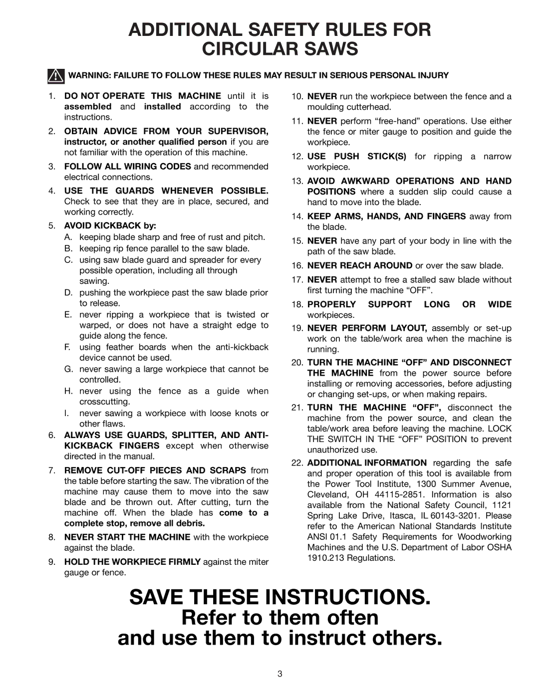 Delta 34-801, 36-812, 34-814 Refer to them often Use them to instruct others, Additional Safety Rules for Circular Saws 