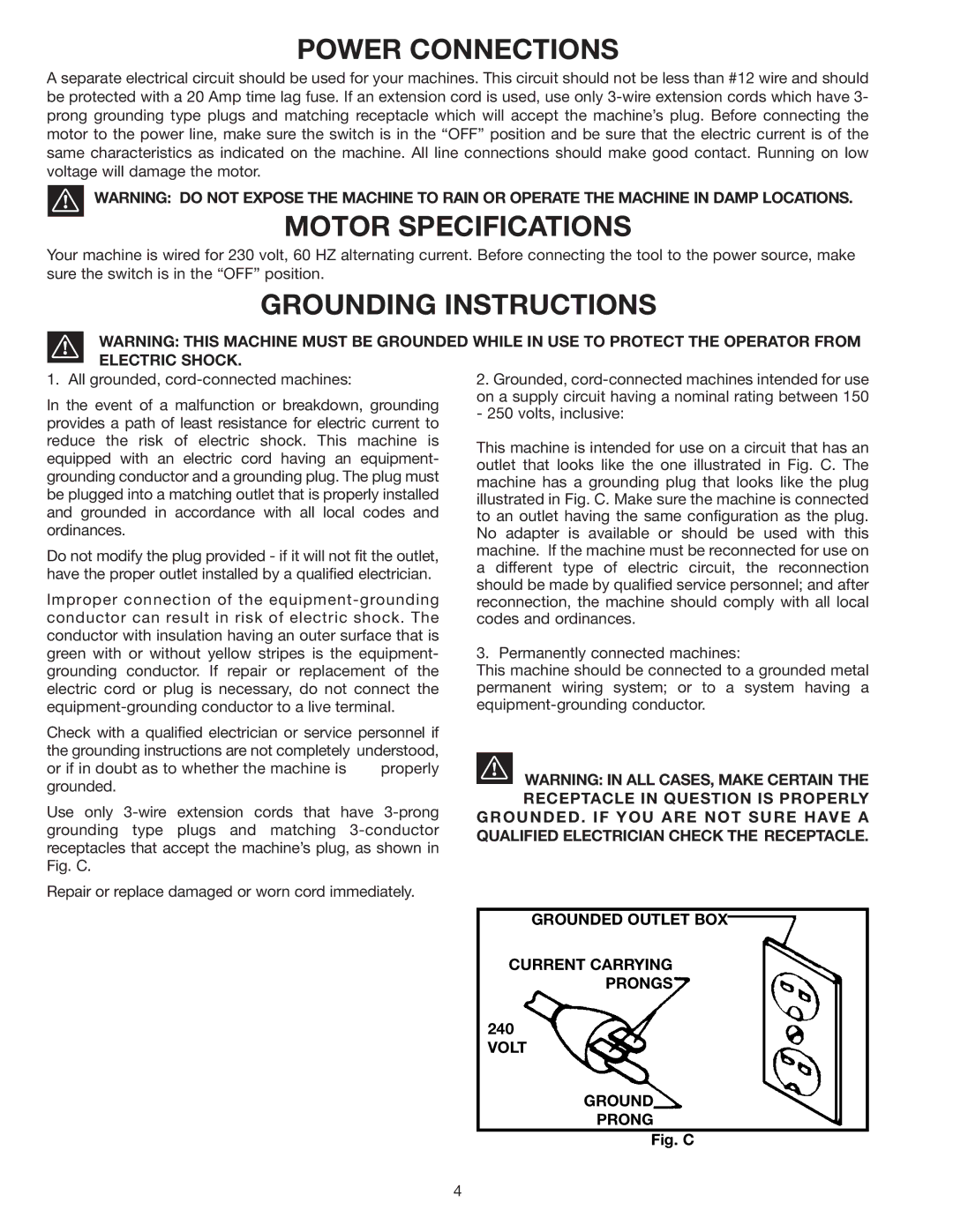 Delta 36-812, 34-814, 34-806, 34-801 instruction manual Power Connections, Motor Specifications, Grounding Instructions 