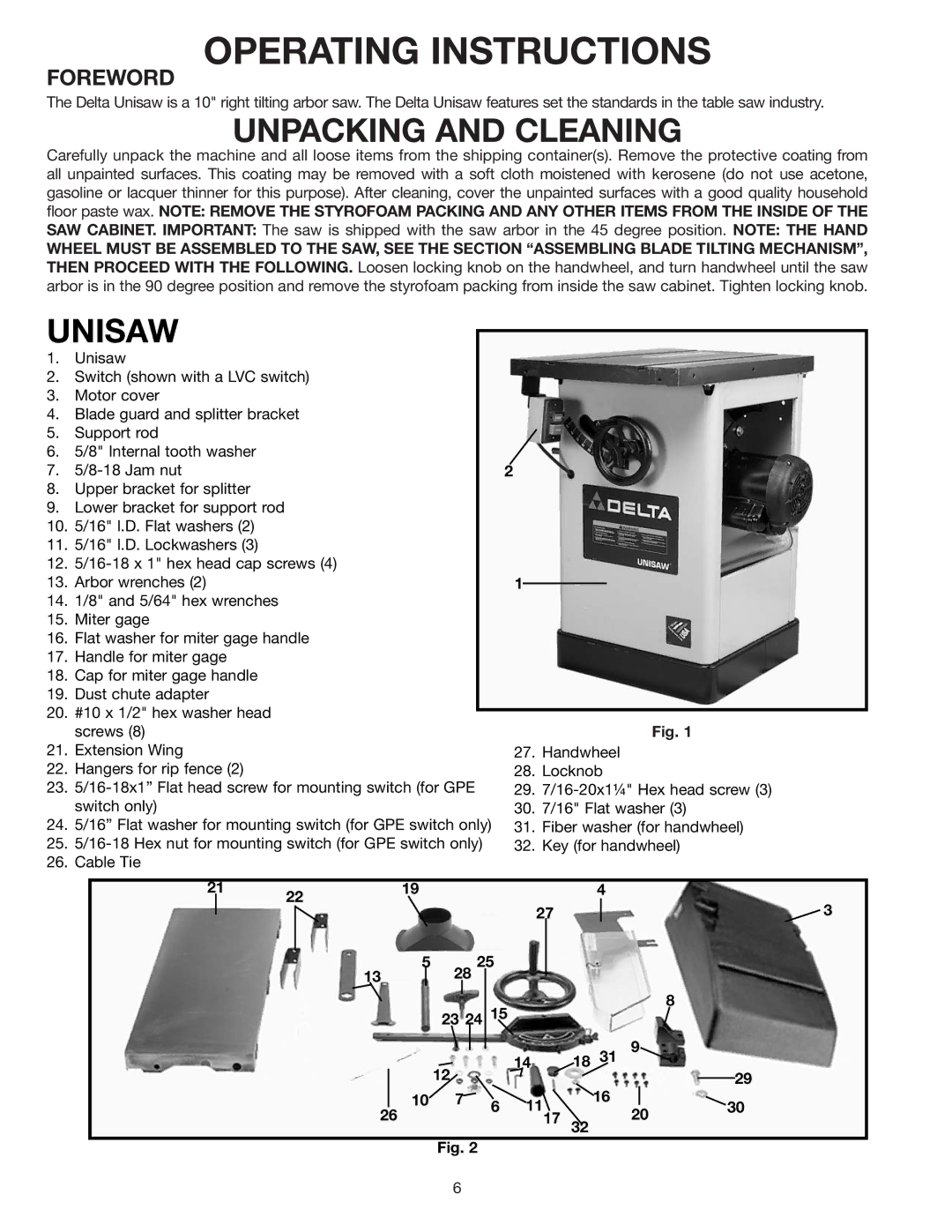 Delta 34-806, 36-812, 34-814, 34-801 instruction manual Operating Instructions, Unpacking and Cleaning 