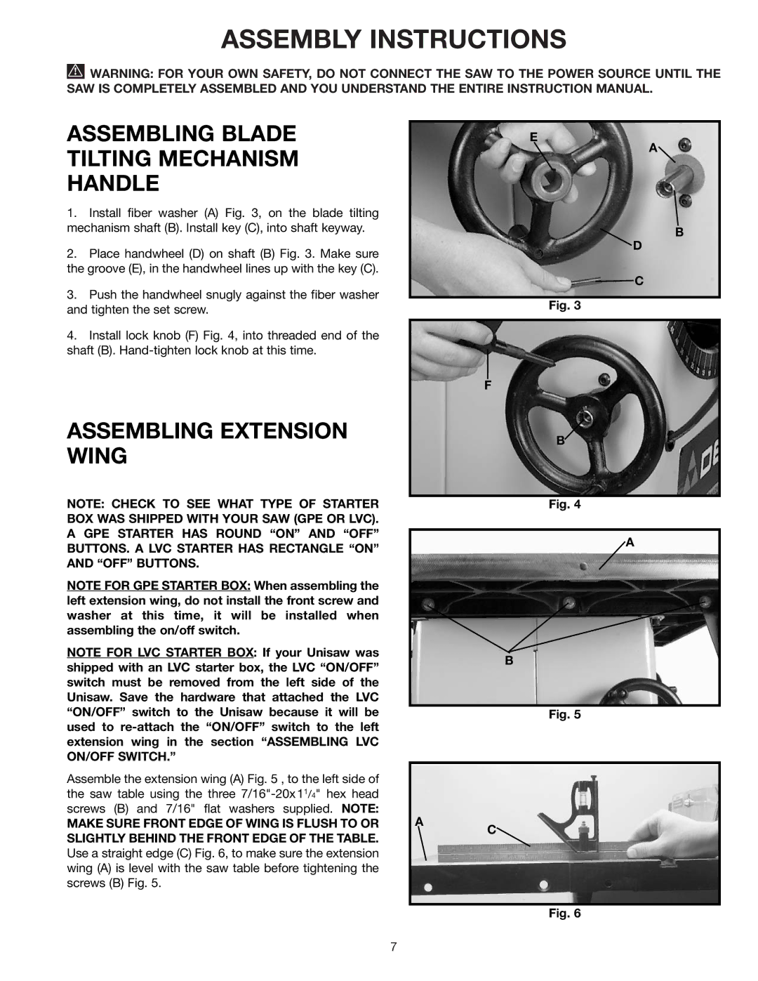 Delta 34-801, 36-812, 34-814 Assembly Instructions, Assembling Blade Tilting Mechanism Handle, Assembling Extension Wing 