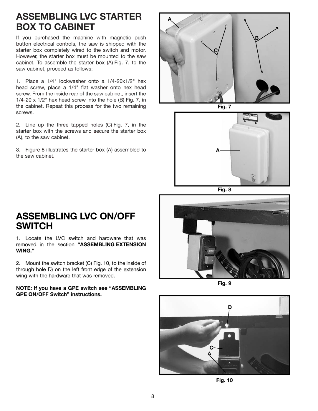 Delta 36-812, 34-814, 34-806, 34-801 instruction manual Assembling LVC Starter BOX to Cabinet, Assembling LVC ON/OFF Switch 