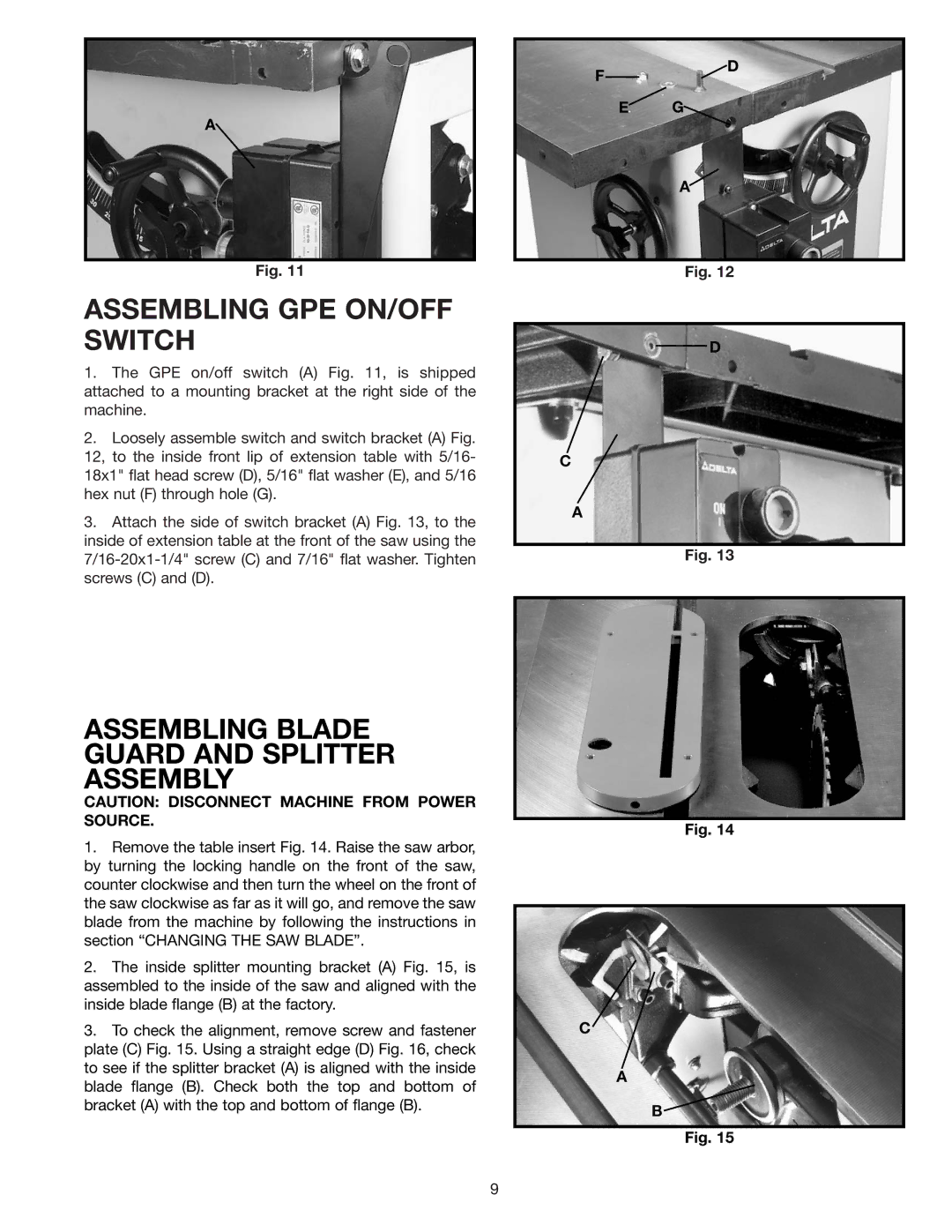 Delta 34-814, 36-812, 34-806, 34-801 Assembling GPE ON/OFF Switch, Assembling Blade Guard and Splitter Assembly 