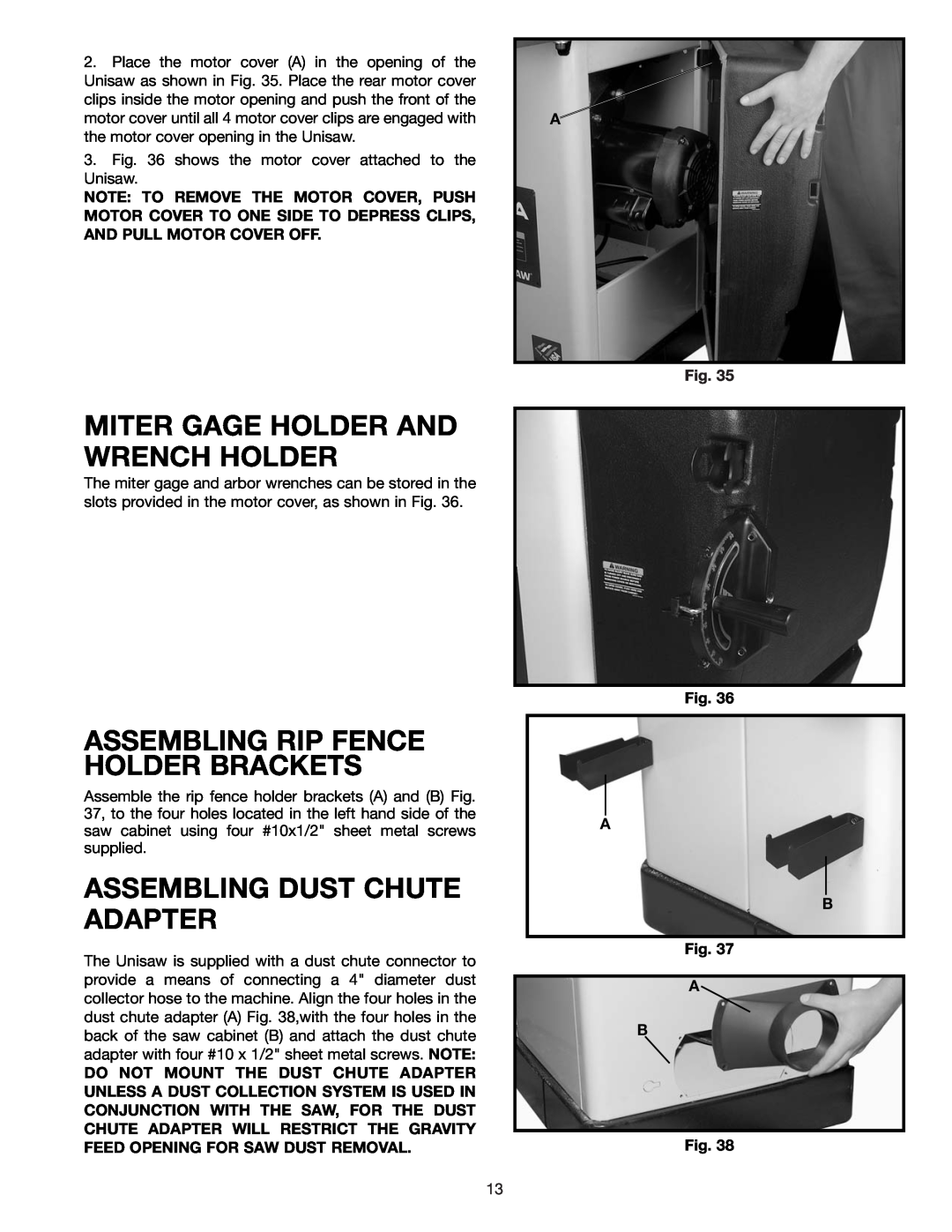 Delta 34-814 Miter Gage Holder And Wrench Holder, Assembling Rip Fence Holder Brackets, Assembling Dust Chute Adapter 