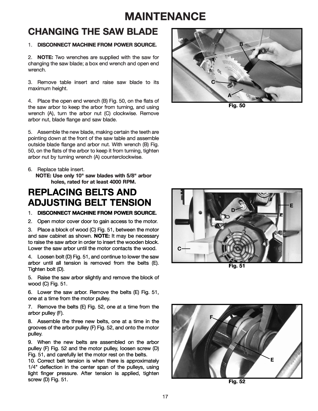 Delta 34-814 Maintenance, Changing The Saw Blade, Replacing Belts And Adjusting Belt Tension, B C A Fig, Fig. F E Fig 