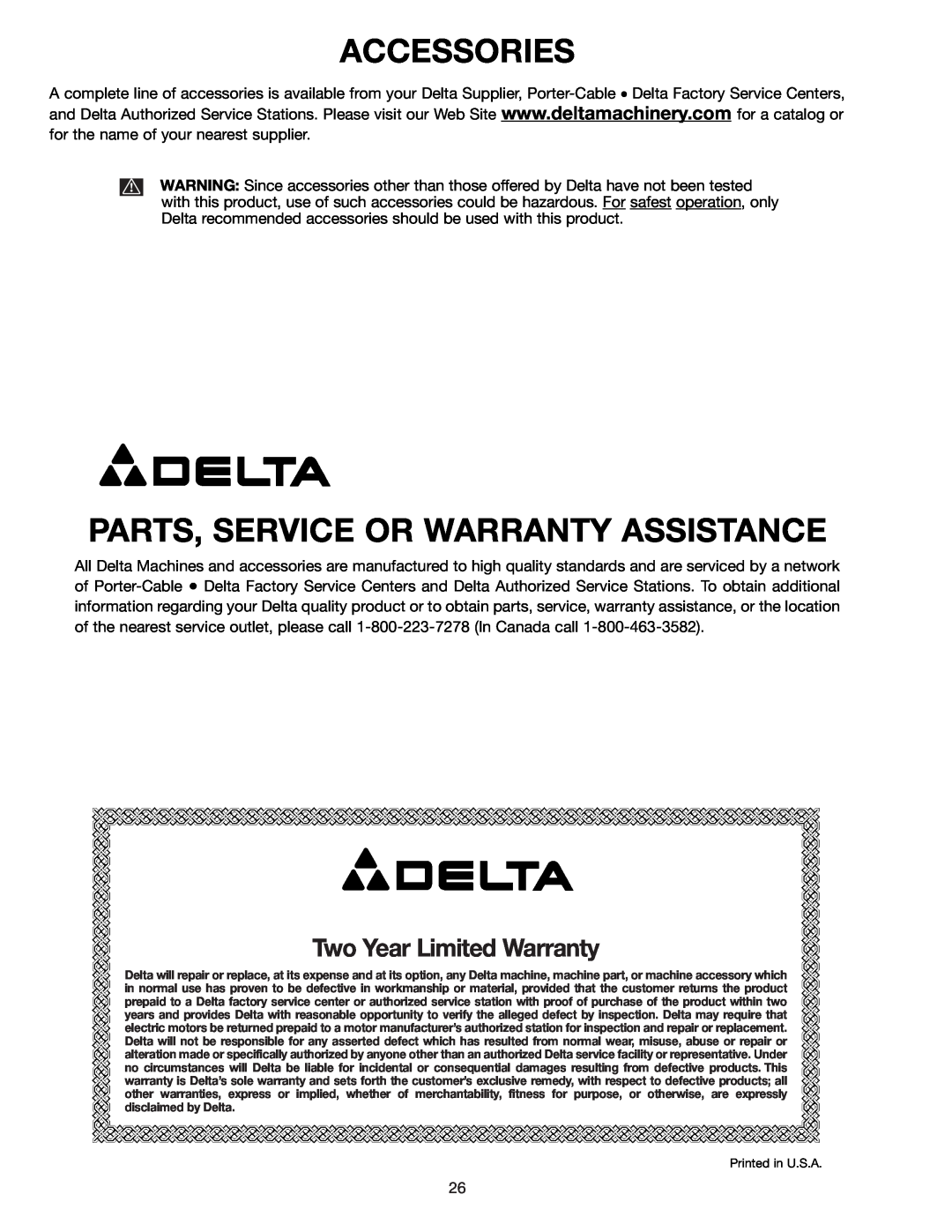 Delta 34-806, 36-812, 34-814, 34-801 Accessories, Parts, Service Or Warranty Assistance, Two Year Limited Warranty 