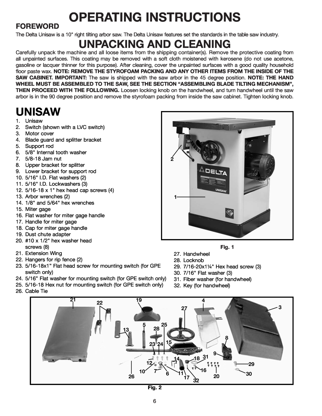 Delta 34-806 Unpacking And Cleaning, Unisaw, screws, Extension Wing, Handwheel, Hangers for rip fence, Locknob, Cable Tie 