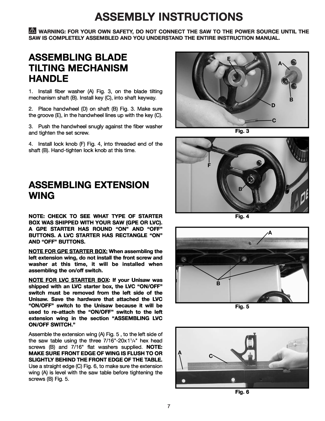 Delta 34-801, 36-812 Assembly Instructions, Assembling Blade Tilting Mechanism Handle, Assembling Extension Wing, Fig. C 