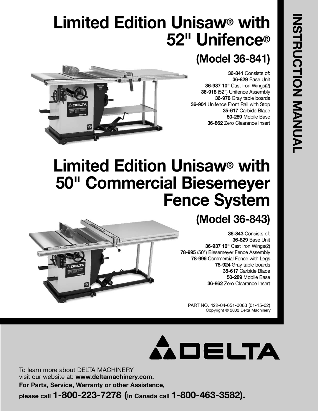 Delta 36-841 instruction manual Limited Edition Unisaw with 52 Unifence 