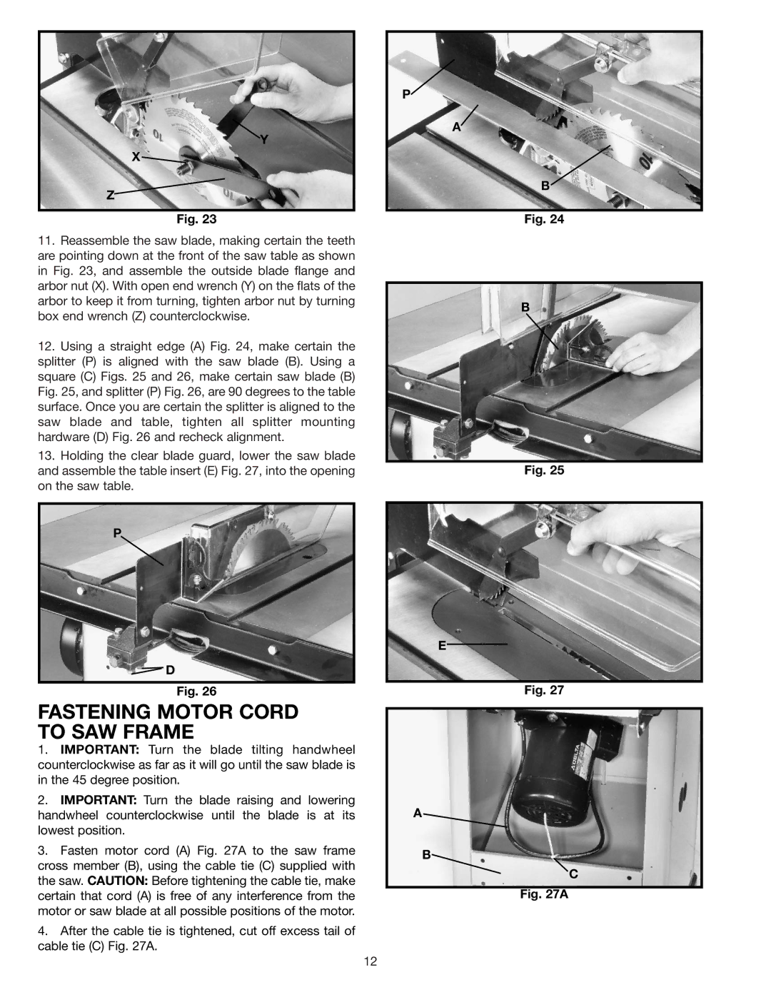 Delta 36-841 instruction manual Fastening Motor Cord to SAW Frame 