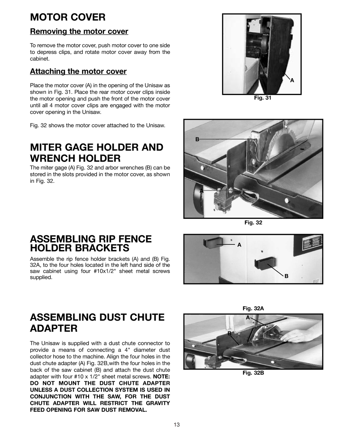 Delta 36-841 instruction manual Motor Cover, Miter Gage Holder and Wrench Holder, Assembling RIP Fence Holder Brackets 