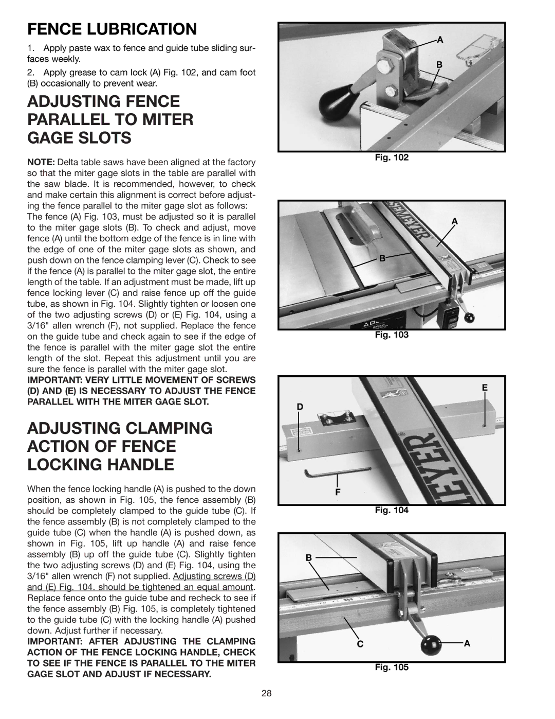 Delta 36-841 instruction manual Fence Lubrication, Adjusting Fence Parallel to Miter Gage Slots 