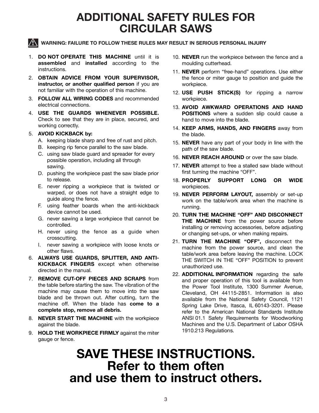 Delta 36-841 instruction manual Refer to them often Use them to instruct others, Additional Safety Rules for Circular Saws 