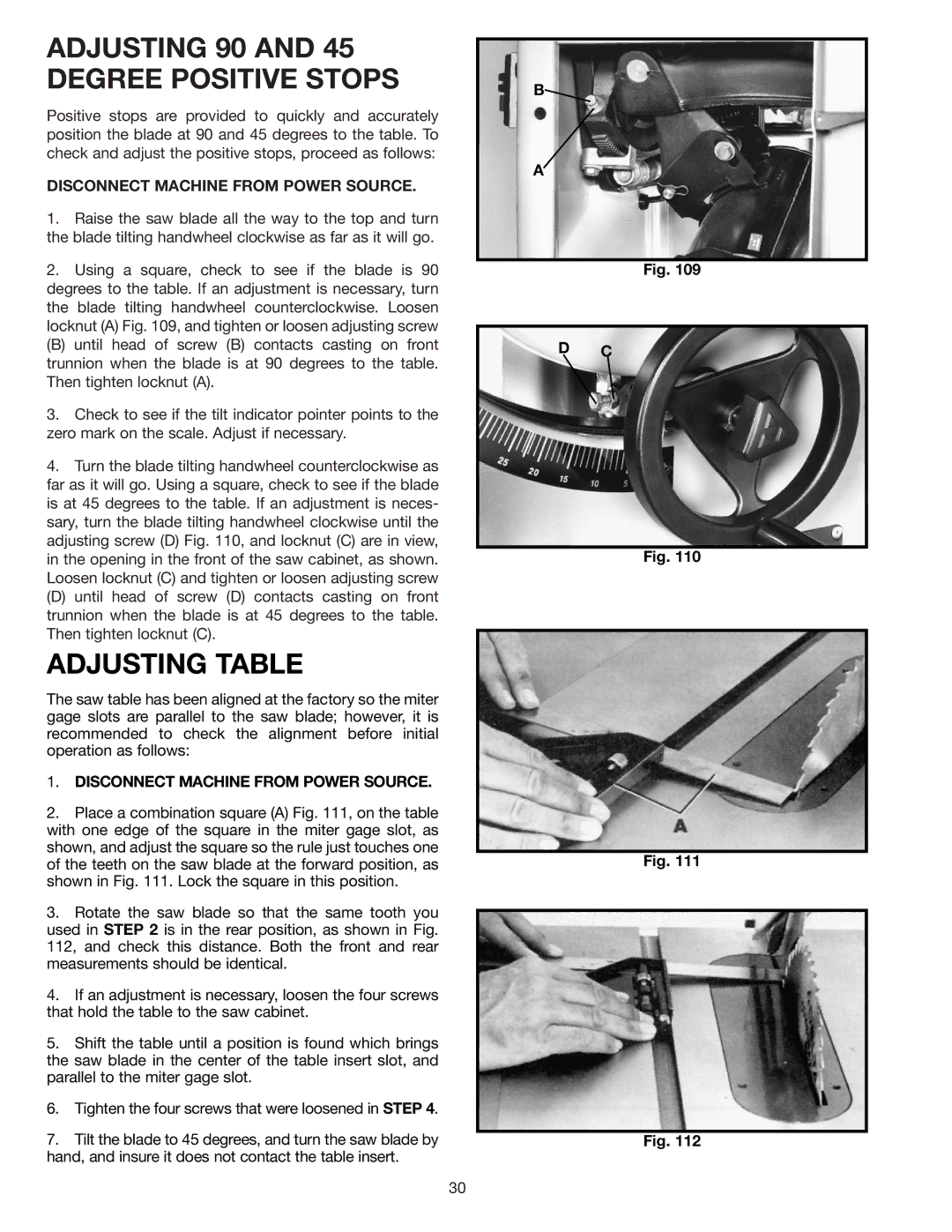 Delta 36-841 instruction manual Adjusting 90 and 45 Degree Positive Stops, Adjusting Table 