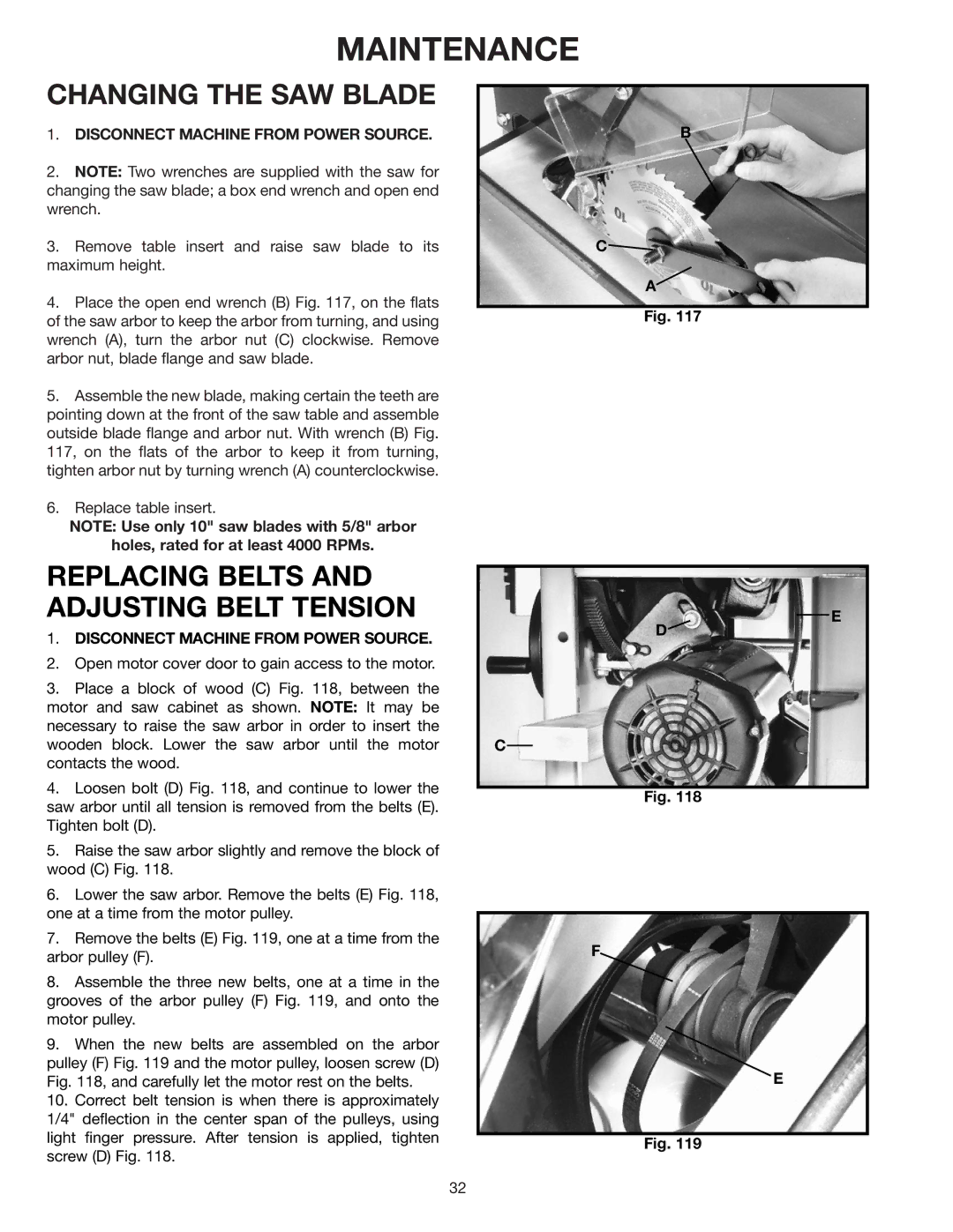 Delta 36-841 instruction manual Maintenance, Changing the SAW Blade, Replacing Belts and Adjusting Belt Tension 