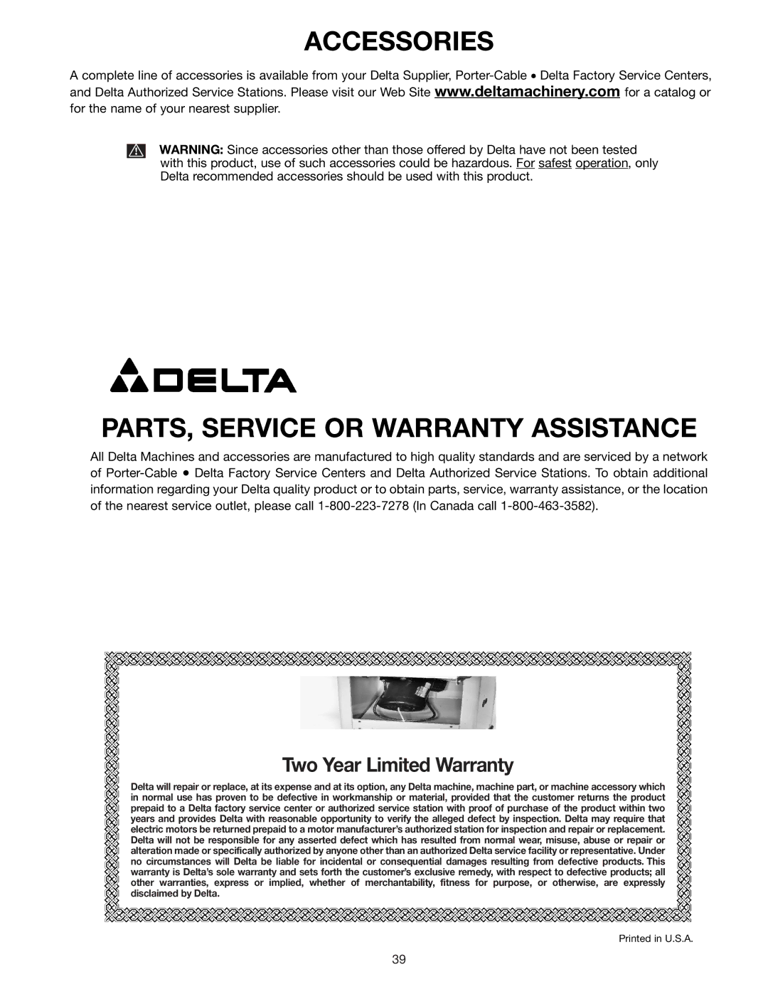 Delta 36-841 instruction manual Accessories PARTS, Service or Warranty Assistance 