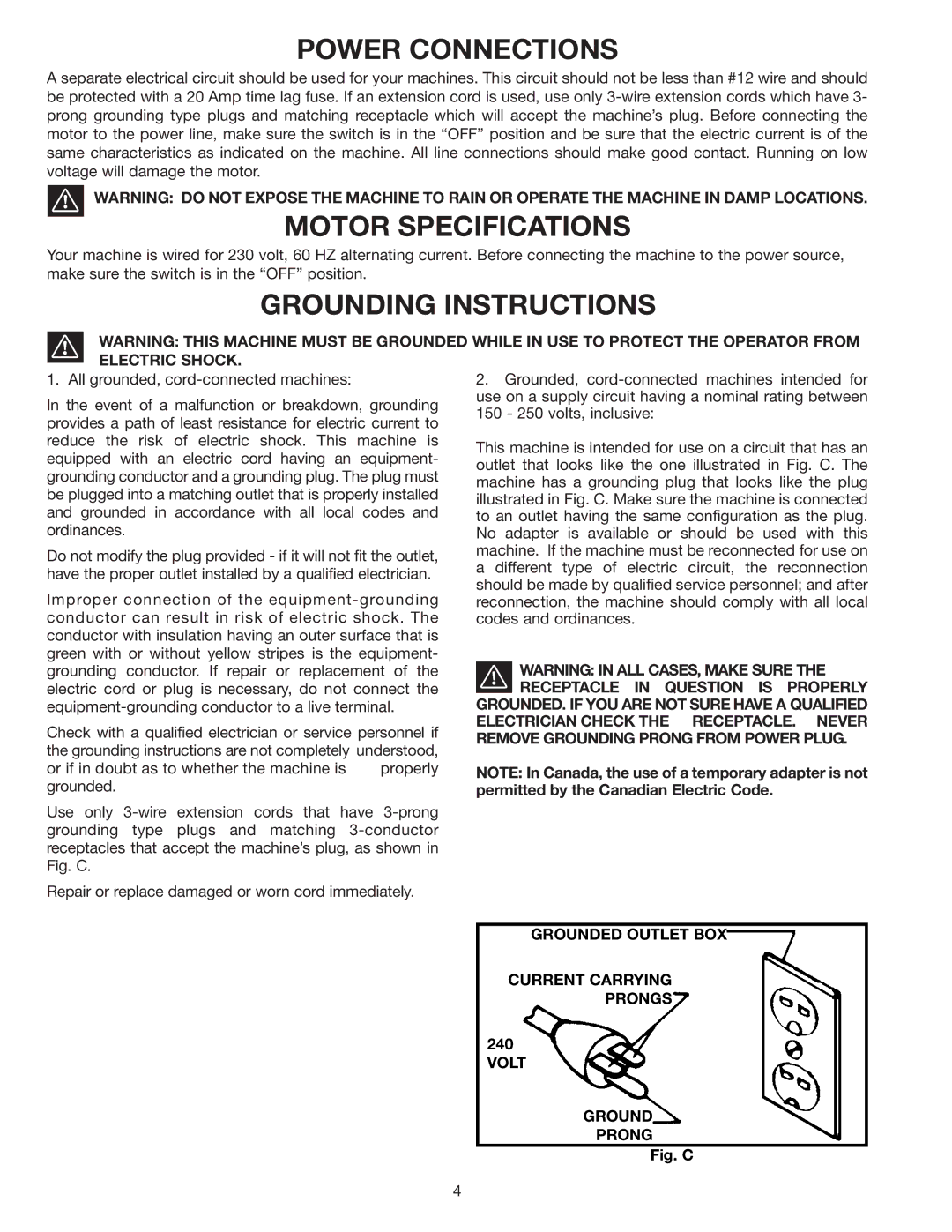 Delta 36-841 instruction manual Power Connections, Motor Specifications, Grounding Instructions 