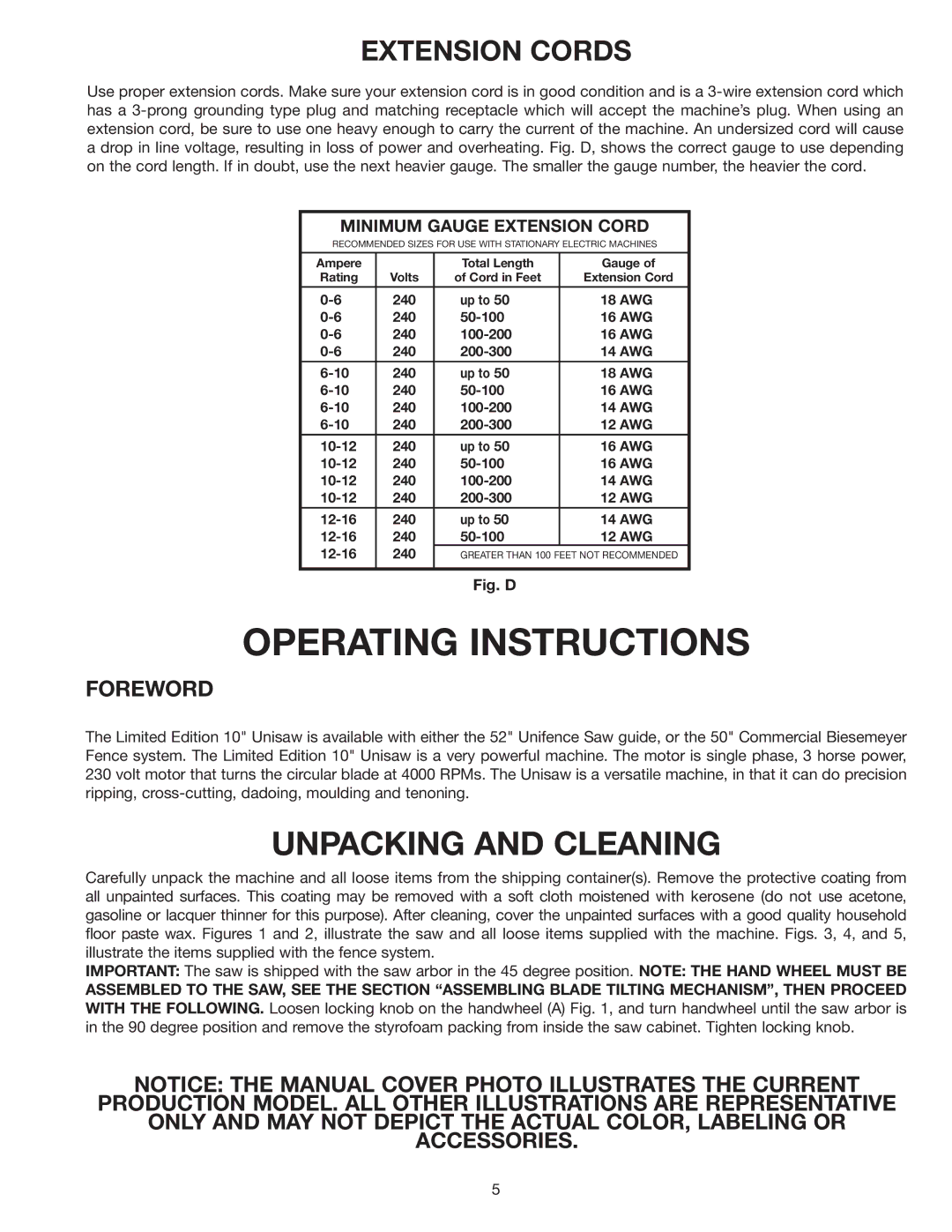 Delta 36-841 instruction manual Unpacking and Cleaning, Extension Cords 