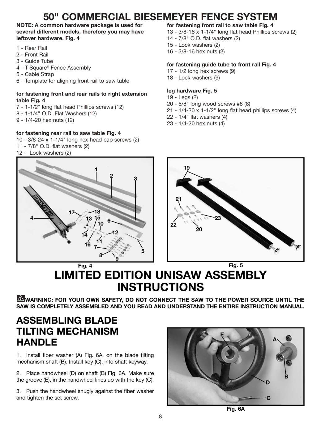 Delta 36-841 instruction manual Commercial Biesemeyer Fence System, Assembling Blade Tilting Mechanism Handle 