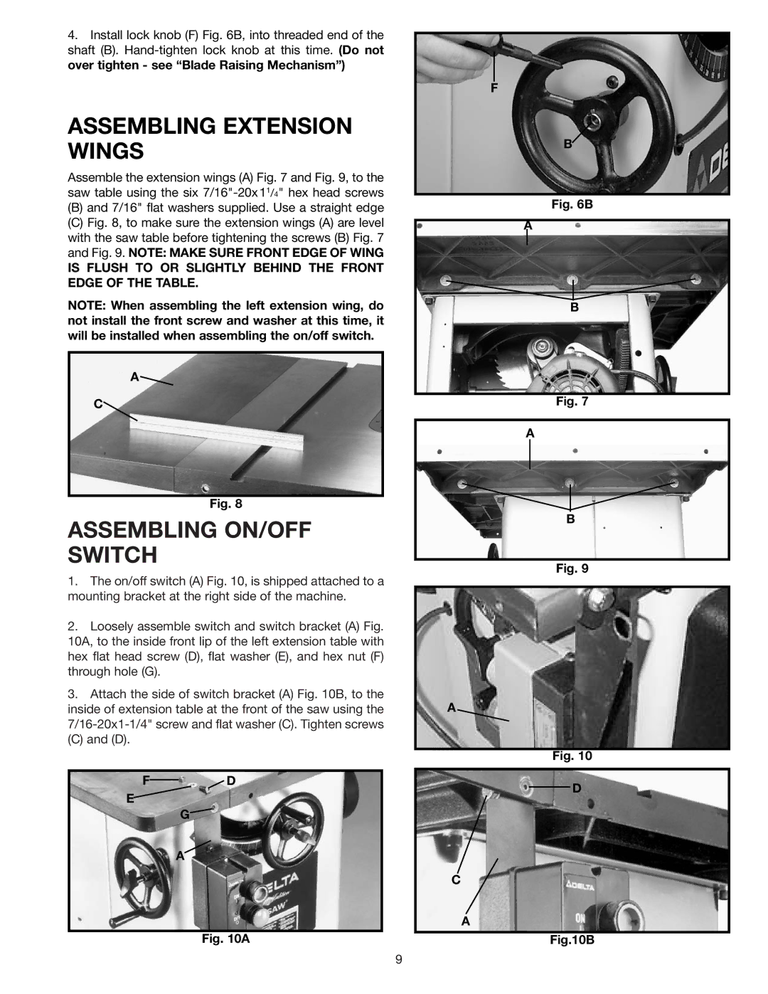 Delta 36-841 instruction manual Assembling Extension Wings, Assembling ON/OFF Switch 