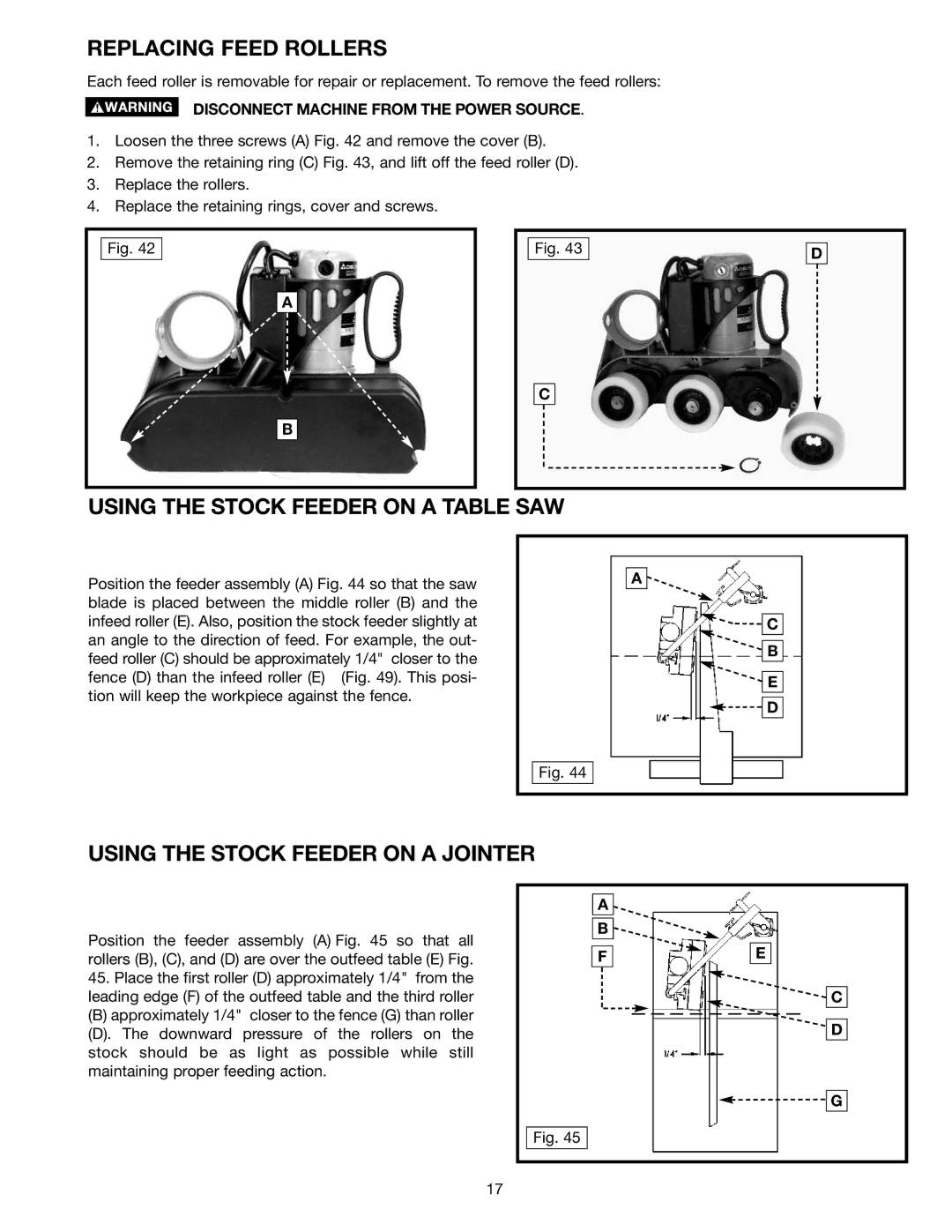 Delta 36-865 Replacing Feed Rollers, Using the Stock Feeder on a Table SAW, Using the Stock Feeder on a Jointer 