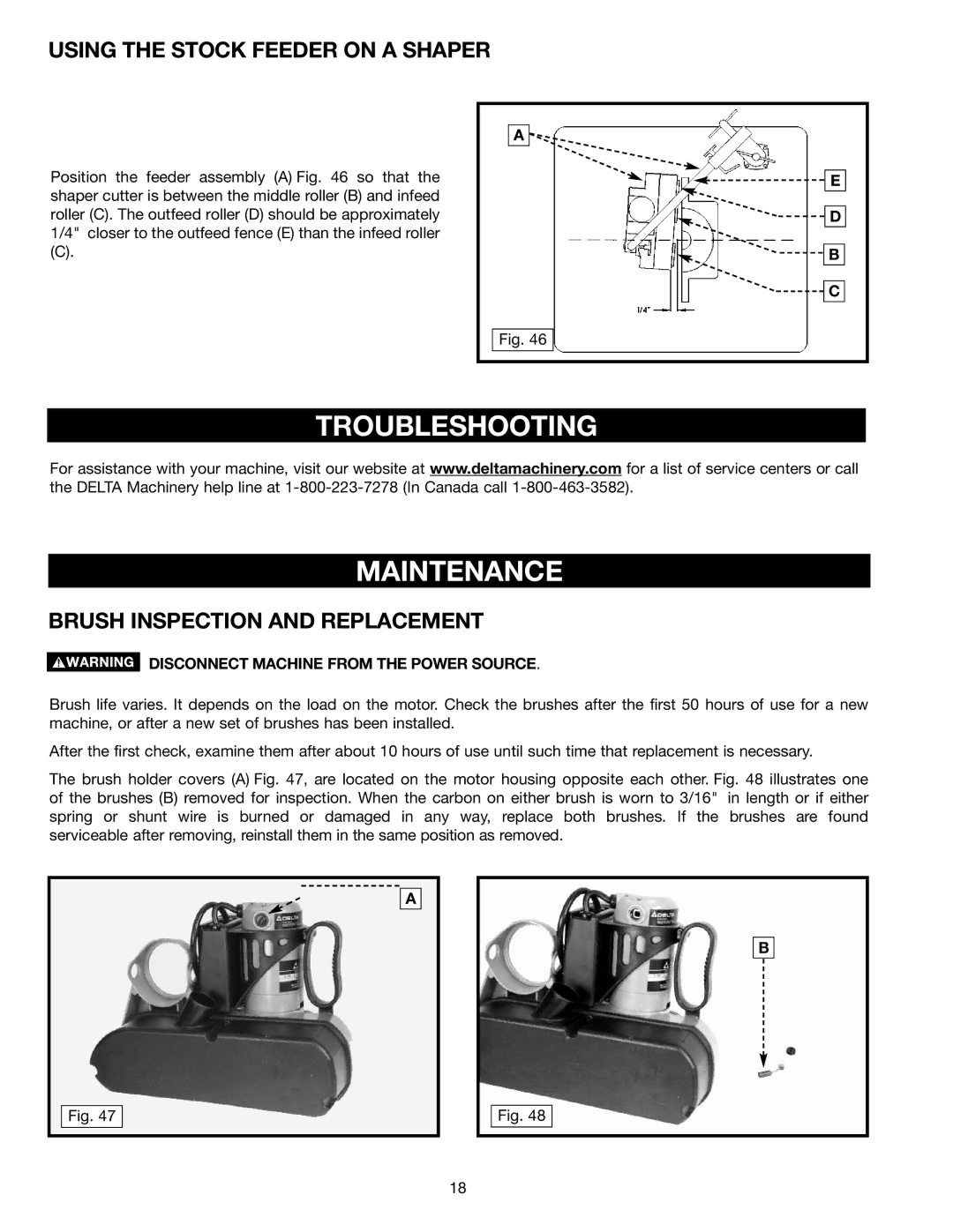 Delta 36-865 Troubleshooting Maintenance, Using the Stock Feeder on a Shaper, Brush Inspection and Replacement 