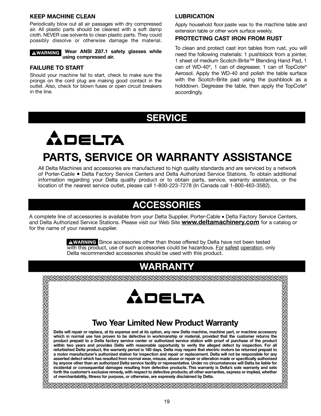 Delta 36-865 instruction manual Service, Accessories, Warranty 