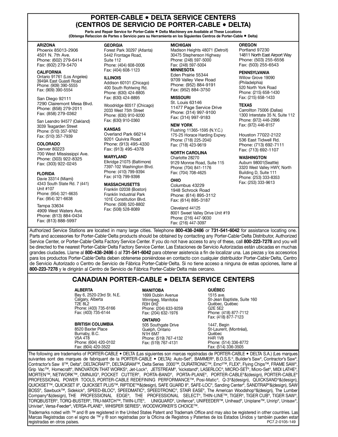 Delta 36-865 instruction manual Canadian PORTER-CABLE Delta Service Centers 