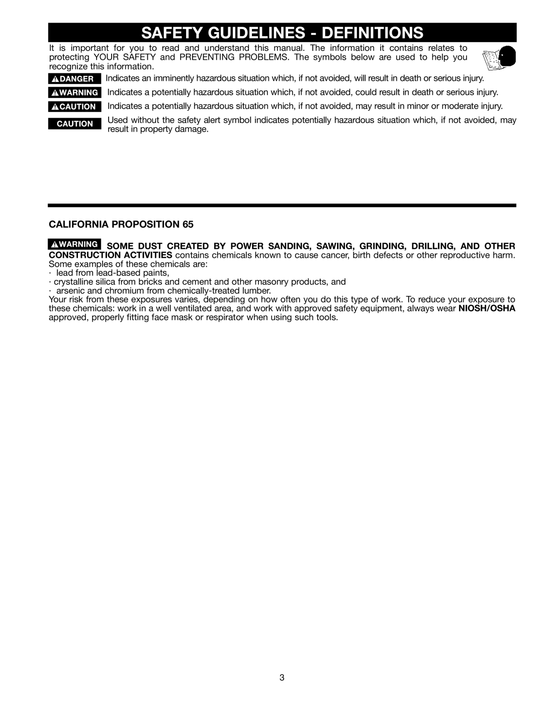 Delta 36-865 instruction manual Safety Guidelines Definitions, California Proposition 