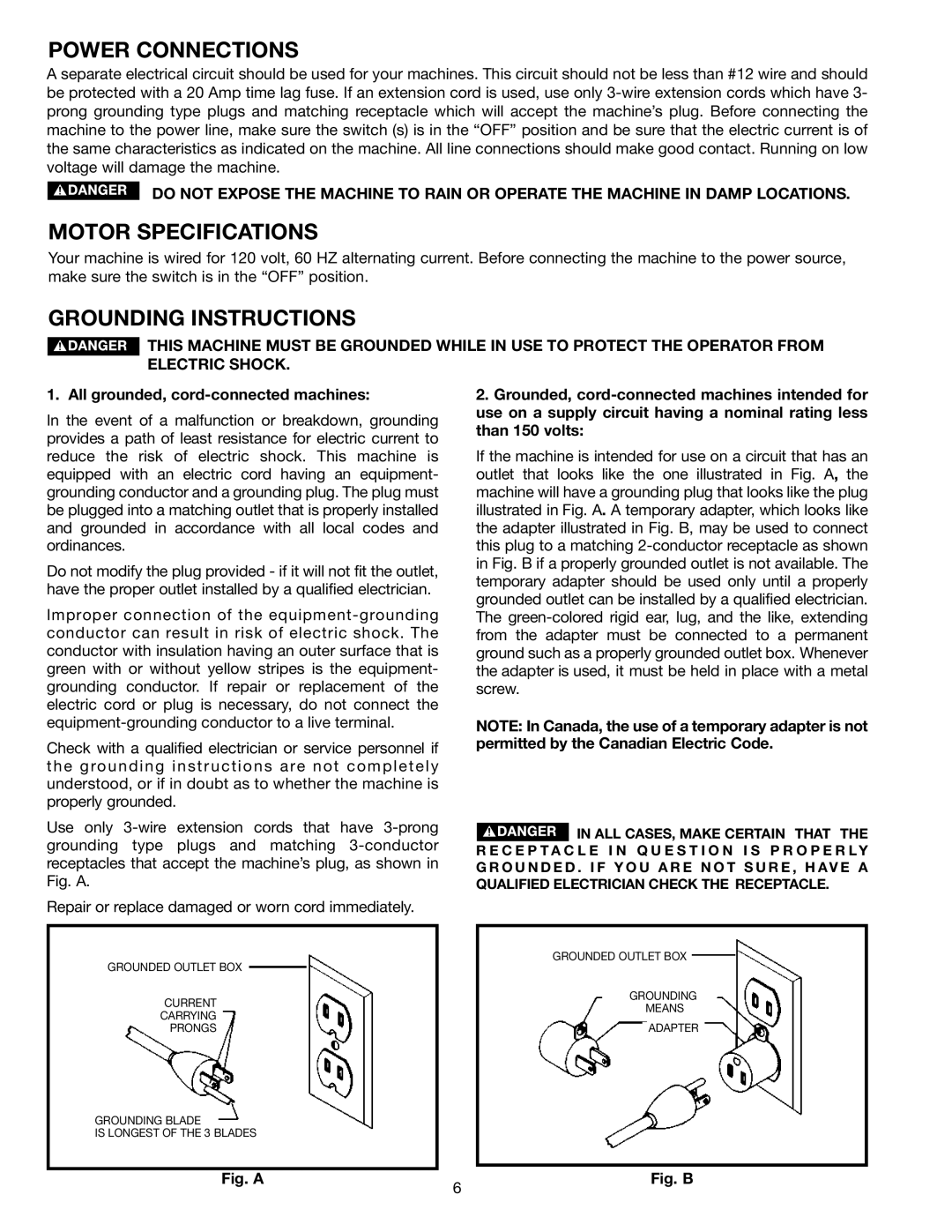 Delta 36-865 instruction manual Power Connections, Motor Specifications, Grounding Instructions 