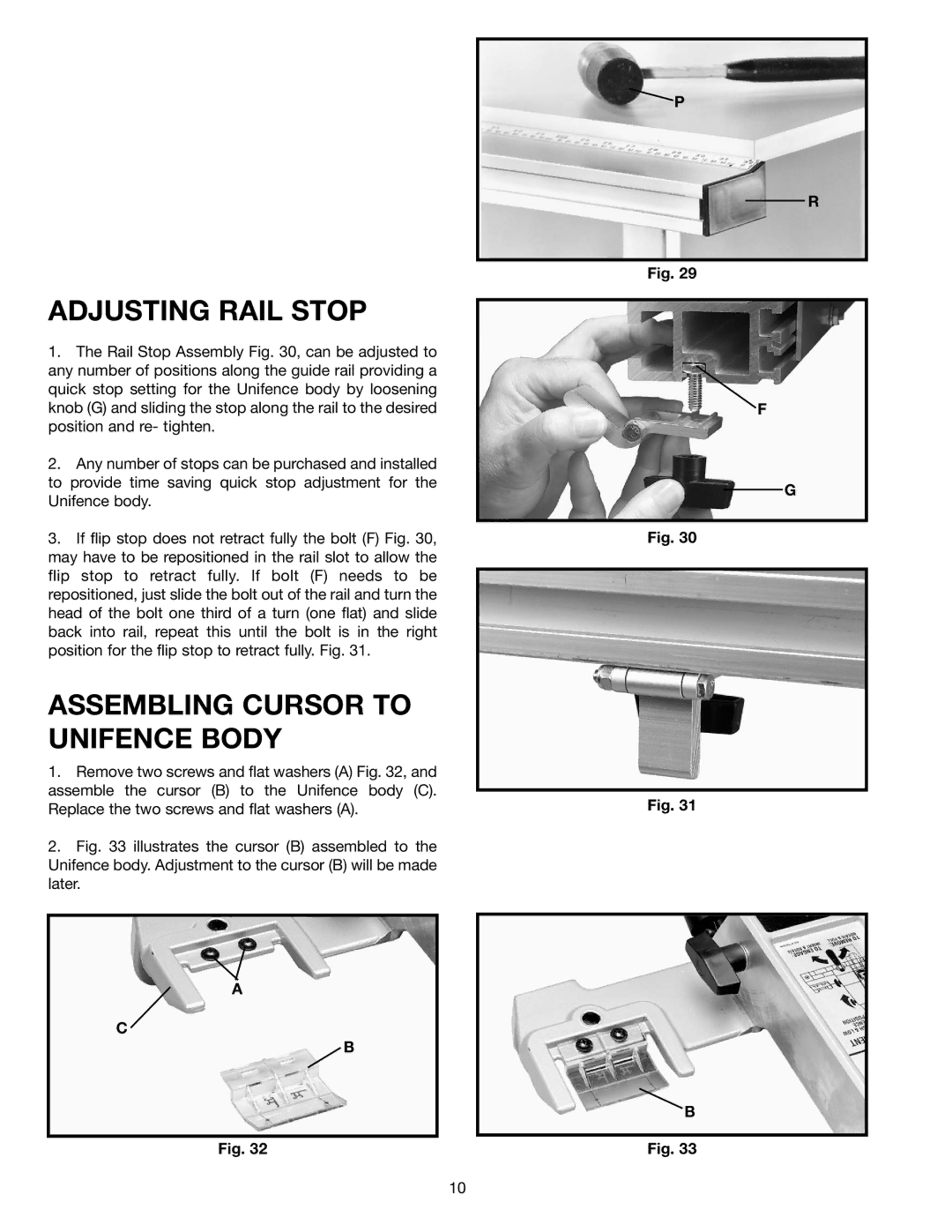 Delta 36-902 instruction manual Adjusting Rail Stop, Assembling Cursor to Unifence Body 