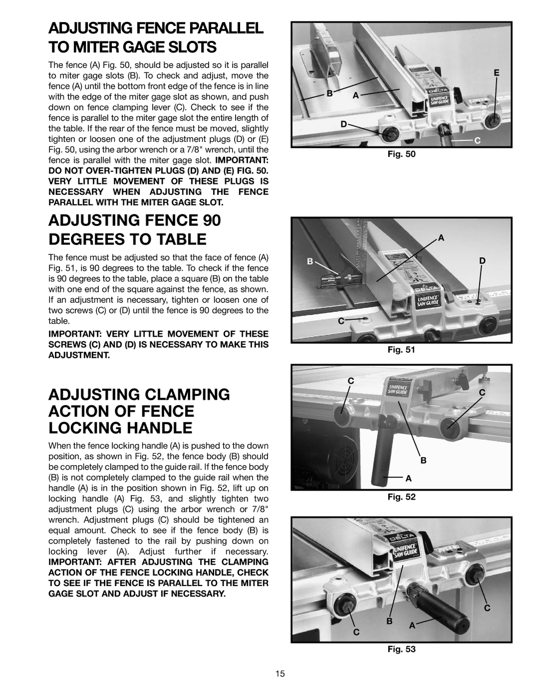 Delta 36-902 instruction manual Adjusting Fence 90 Degrees to Table, Adjusting Clamping Action of Fence Locking Handle 