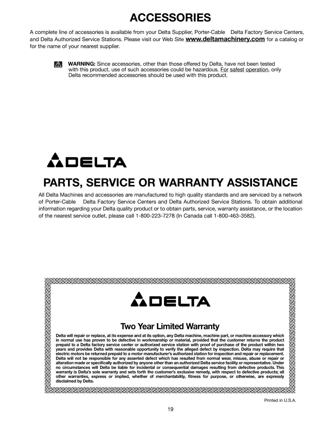 Delta 36-902 instruction manual Accessories PARTS, Service or Warranty Assistance 