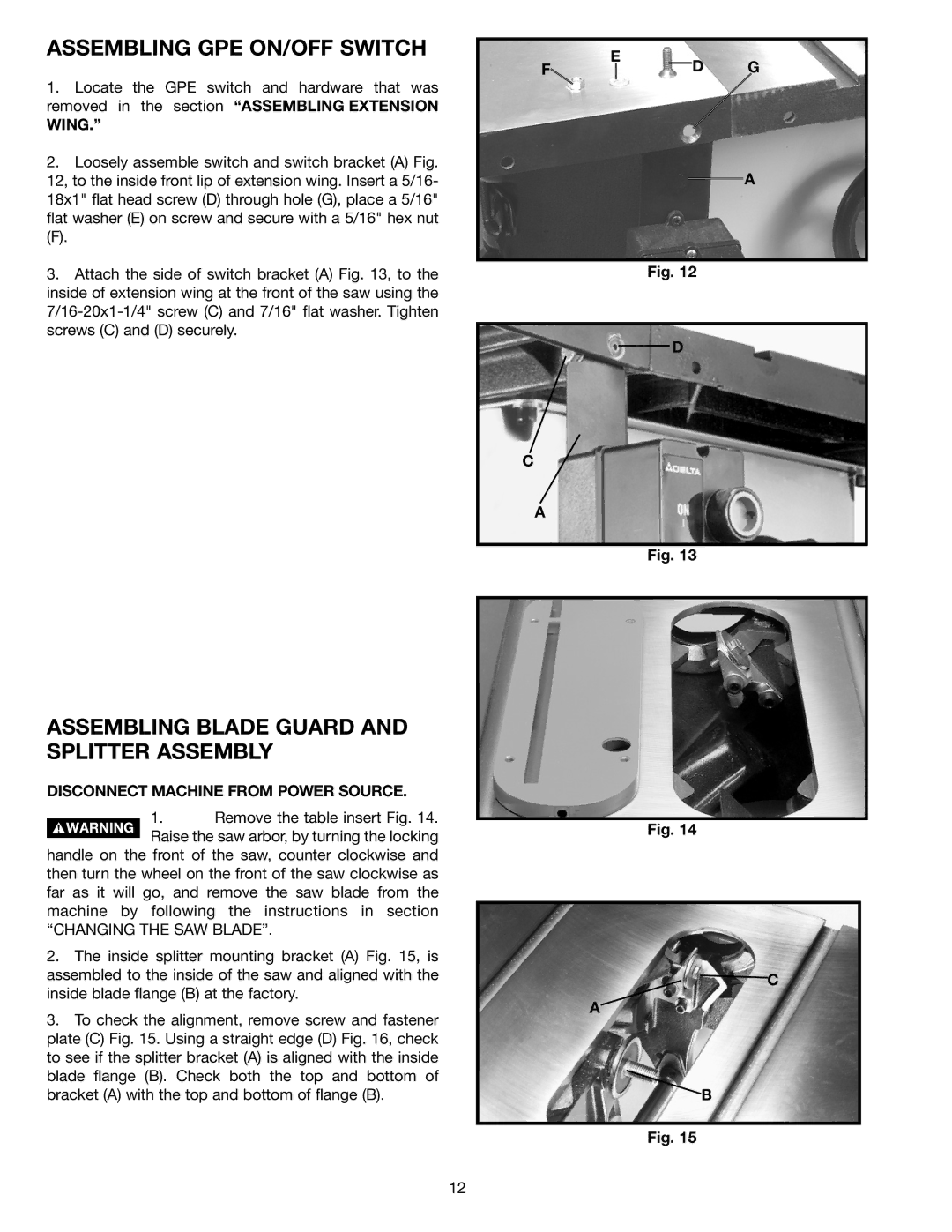 Delta 36-953 instruction manual Assembling GPE ON/OFF Switch, Assembling Blade Guard and Splitter Assembly 