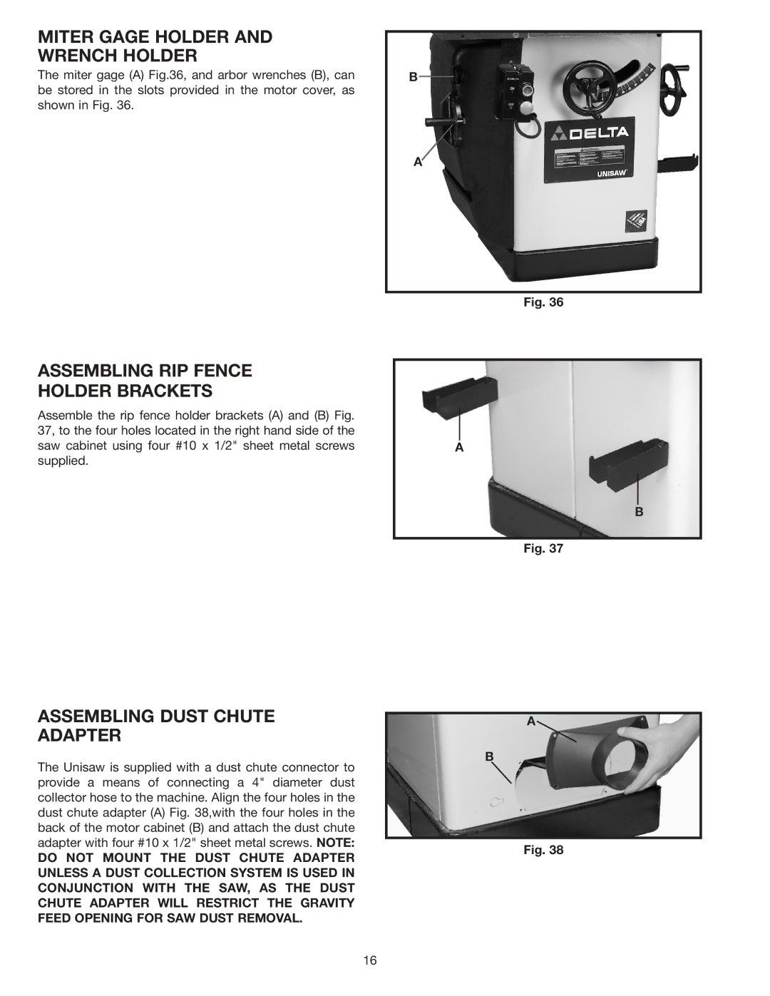 Delta 36-953 Miter Gage Holder Wrench Holder, Assembling RIP Fence Holder Brackets, Assembling Dust Chute Adapter 